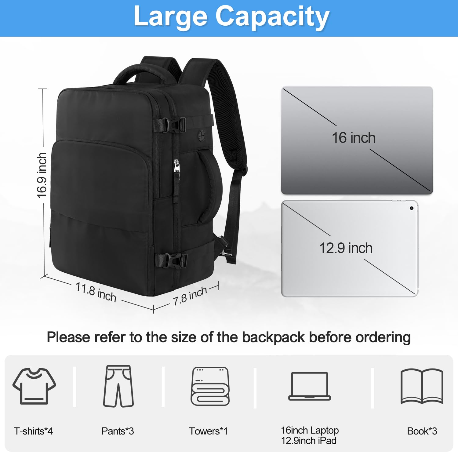 Sinaliy Travel Backpack for Men Women, Personal Item Travel Bag with Multi-Pockets, Airline Approved Carry on Backpack Fits 16inch Laptop, Waterproof Casual Backpack for College,Travel, Work