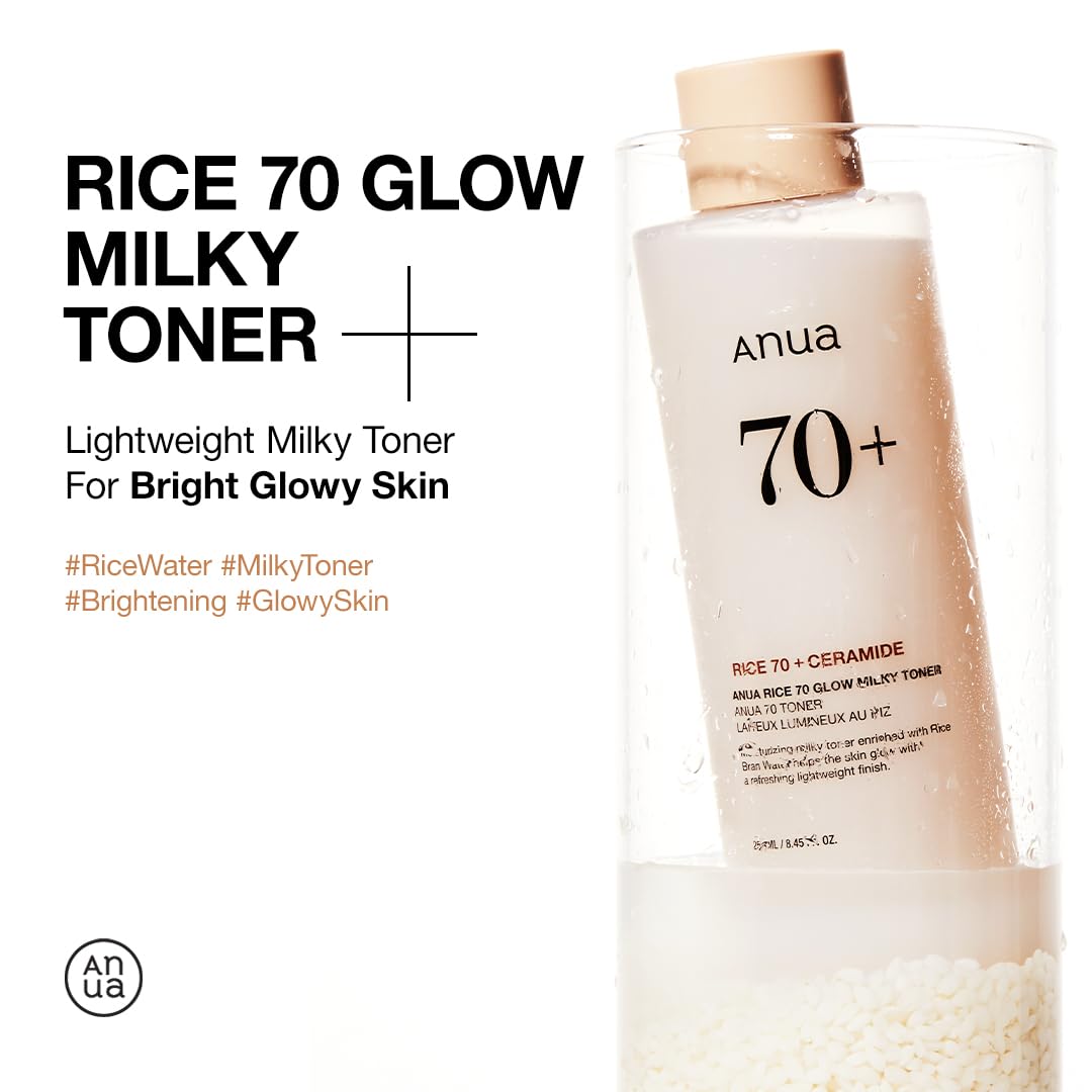 ANUA Rice 70 Glow Milky Toner, for Glass Skin and Brightening, Rice Water, Niacinamide, Ceramides, Panthenol, Fragrance-Free, Non comodogenic, Fungal Acne Safe, Korean Skin Care, 250ml/8.45fl.oz.