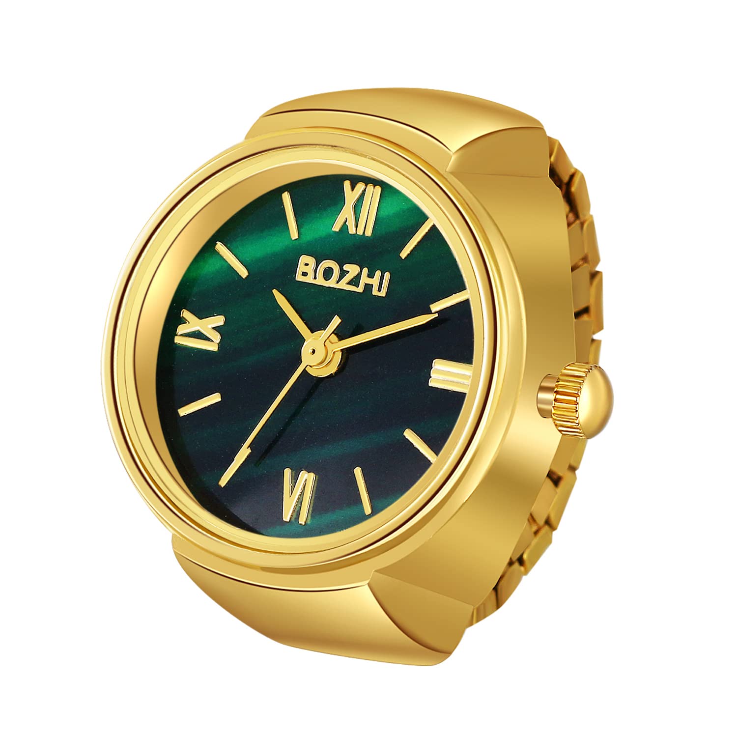 JewelryWe Men Women Finger Watches Set Gold/Silver Plated Elastic Watch Rings Green Dial Quartz Ring Watches