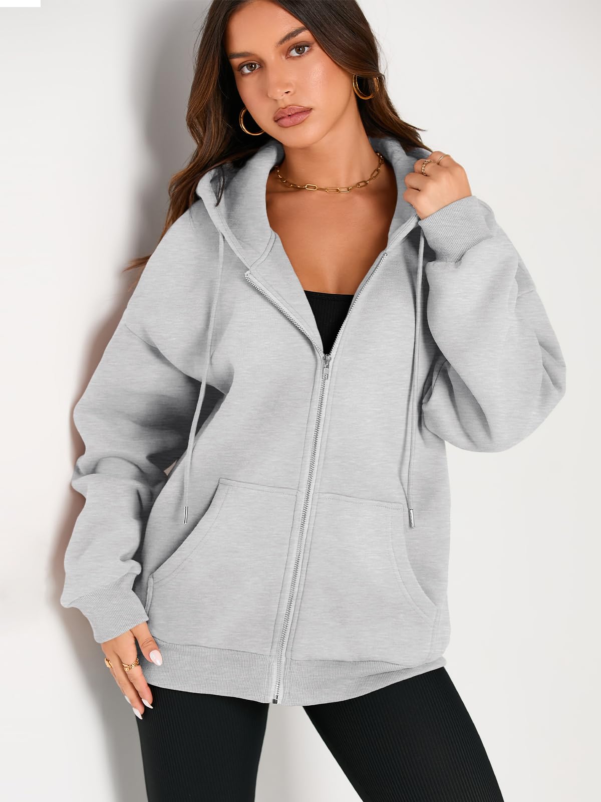 EFAN Women Zip Up Hoodies Oversized Sweatshirt Jacket 2024 Fall Fleece Cute Pullover Hooded Tops Teen Girls Casual Loose Fit Y2k Trendy Fashion Gym Clothes Outfits Grey S