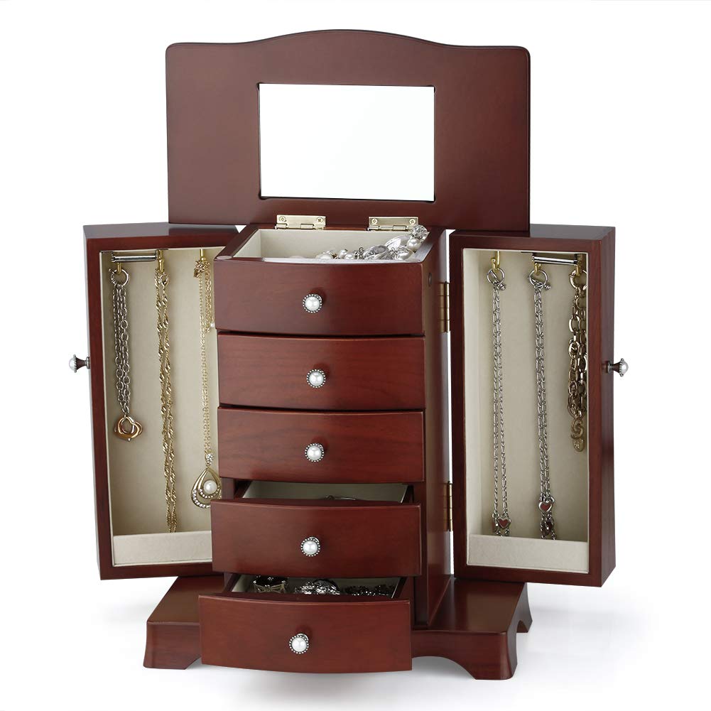 RR ROUND RICH DESIGN Jewelry Box - Made of Solid Wood with Tower Style 4 Drawers Organizer and 2 Separated Open Doors on 2 Sides and Large Mirror Brown