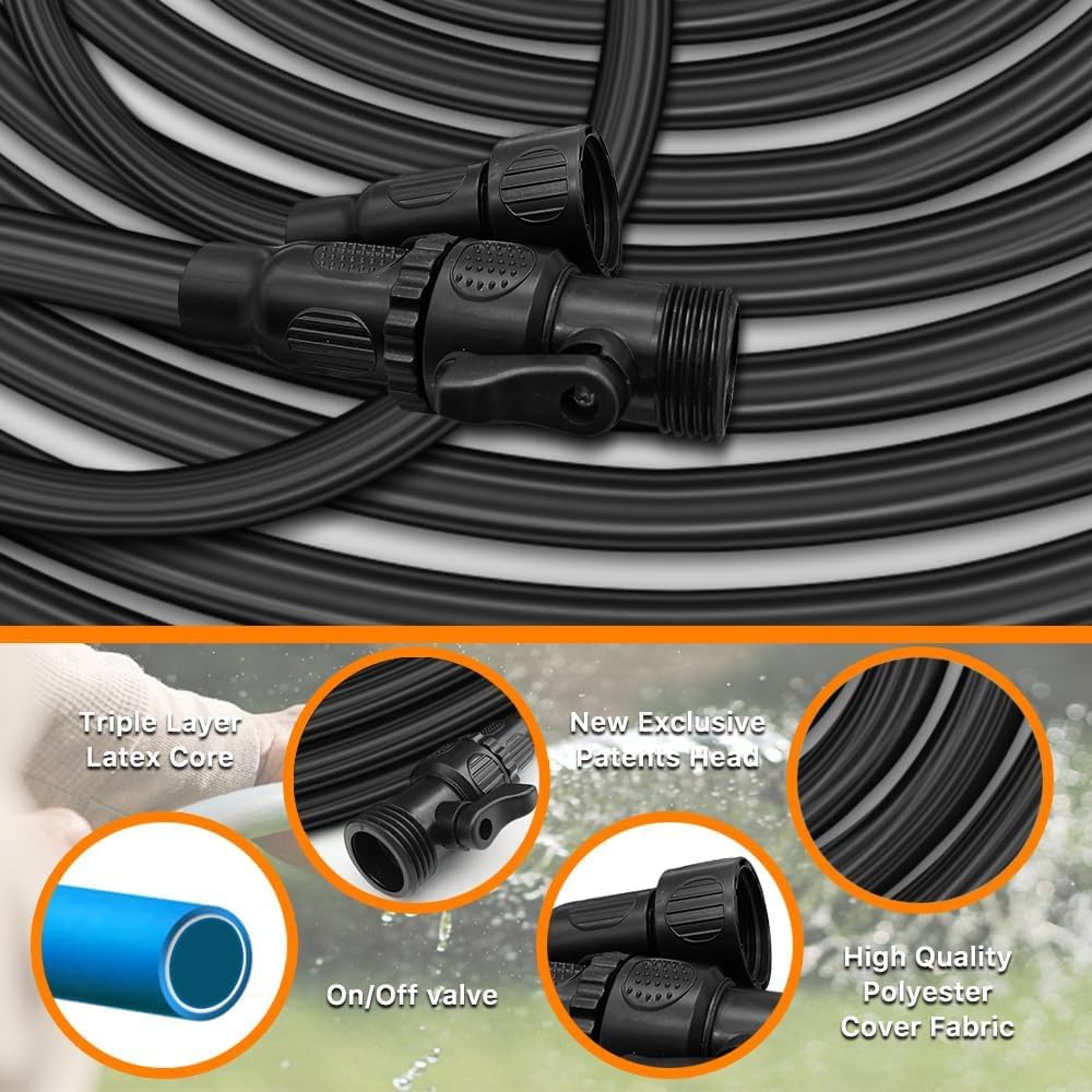 50FT Garden Hose, SINTETA Strongest Garden Hose with Triple Layer Latex Core & Latest Improved Extra Strength Fabric Protection for All Your Watering Needs Improved Design, Black