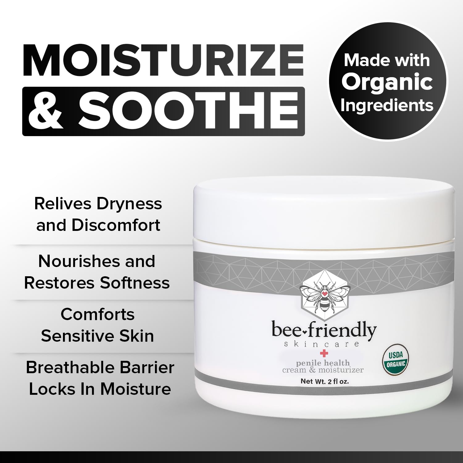 BeeFriendly Organic Penile Health Creme, USDA Certified Cream, Natural Moisturizer Aids With Dry, Chafed, Itchy, Irritated & Sensitive Male Intimate Area Skin 2 oz