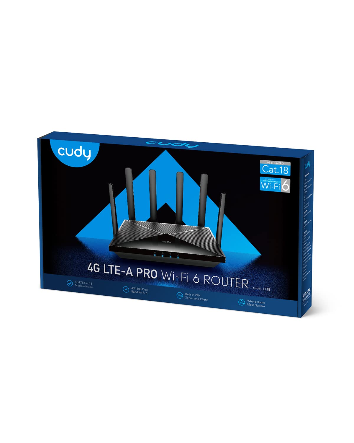 Cudy New 4G LTE Cat 18 WiFi 6 Router, Up to 1.2Gbps 4G LTE Modem, Qualcomm Chipset, 4 x 4 MIMO, AX1800, OpenVPN, Wireguard, Zerotier, Cloudflare, IPv6, Detachable Antennas, Dual SIM, LT18