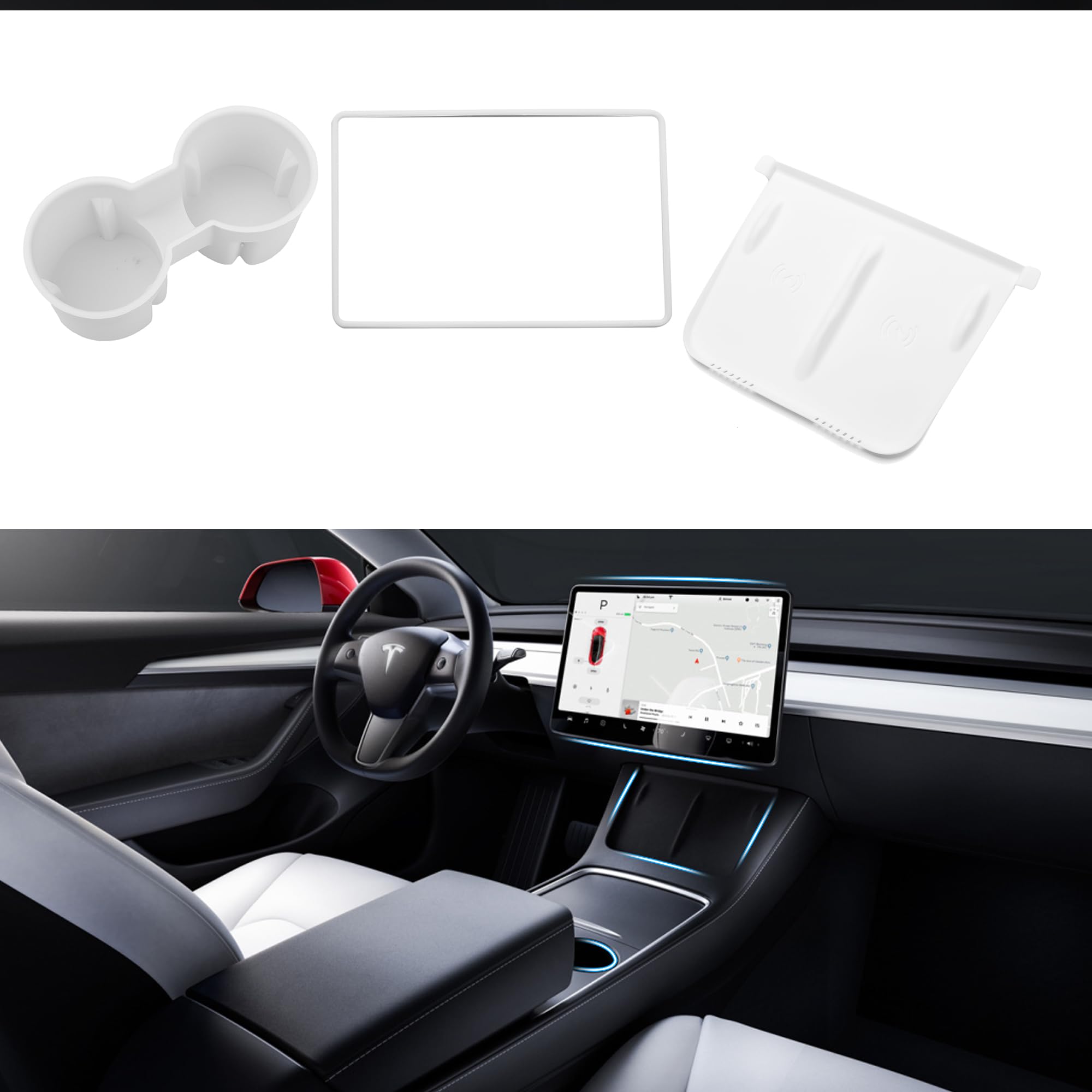 TOPABYTE 3PCS Tesla Model 3 Model Y Accessories 2021-2023 Cup Holder Insert, Screen Edge Protector Frame, Wireless Charger Mat Silicone Center Console, Not for Model 3 Highland, White