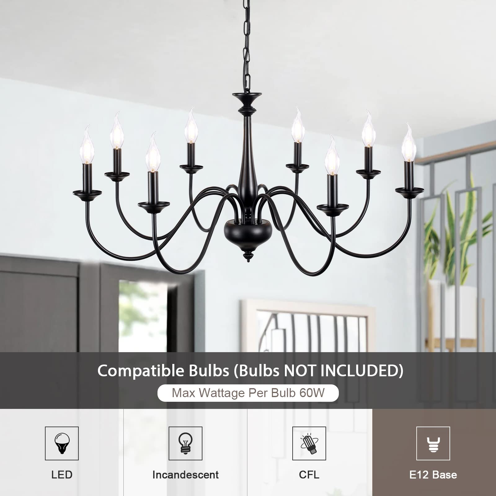 QAREHL Black Chandelier Farmhouse 8 Light Chandeliers for Dining Room Rustic Hanging Light Fixtures for Kitchen Island Living Room Bedroom Entryway Hallway Stairway Foyer