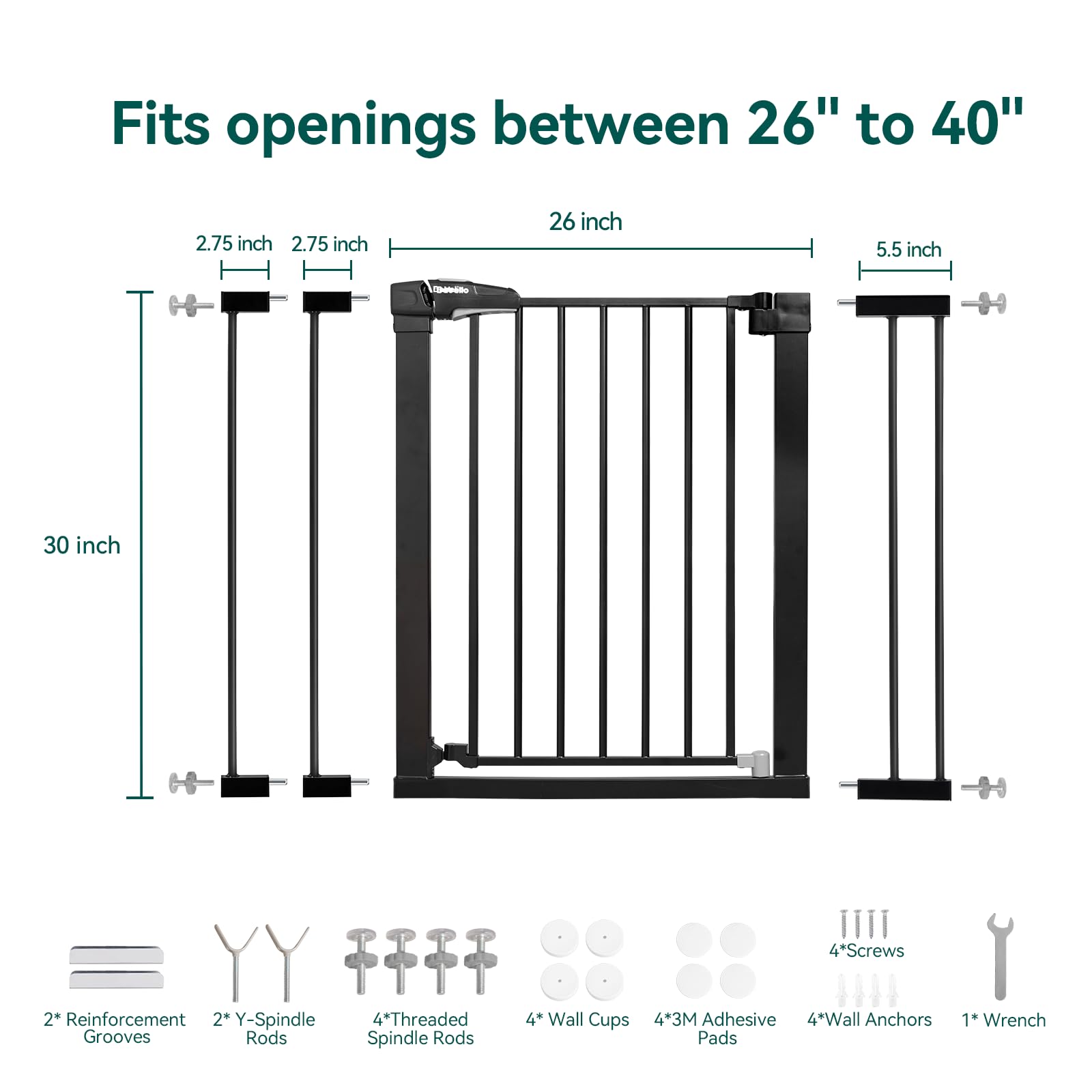 Babelio Baby Gate for Doorways and Stairs, 26''-40'' Auto Close Dog/Puppy Gate, Easy Install, Pressure Mounted, No Drilling, fits for Narrow and Wide Doorways, Safety Gate w/Door for Child and Pets