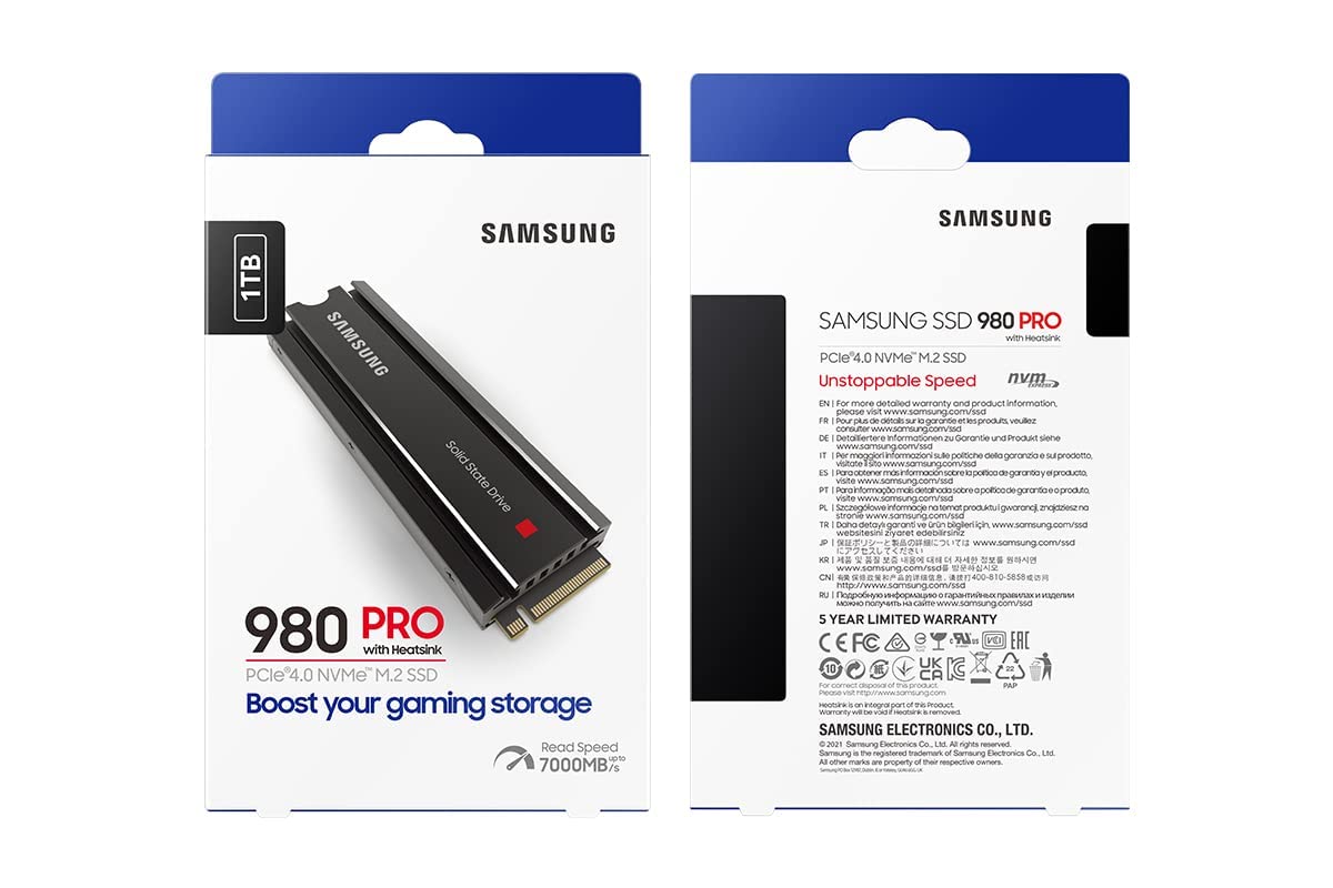 SAMSUNG 980 PRO SSD with Heatsink 1TB PCIe Gen 4 NVMe M.2 Internal Solid State Drive , Heat Control, Max Speed, PS5 Compatible (MZ-V8P1T0CW)