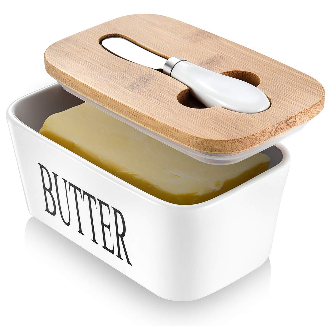 Butter Dish, Butter Dish with Lid for Countertop, Large Butter Dish Ceramics Butter Keeper Container with Knife and High-Quality Silicone Sealing Butter Dish for Home Decor Good Kitchen Gift White