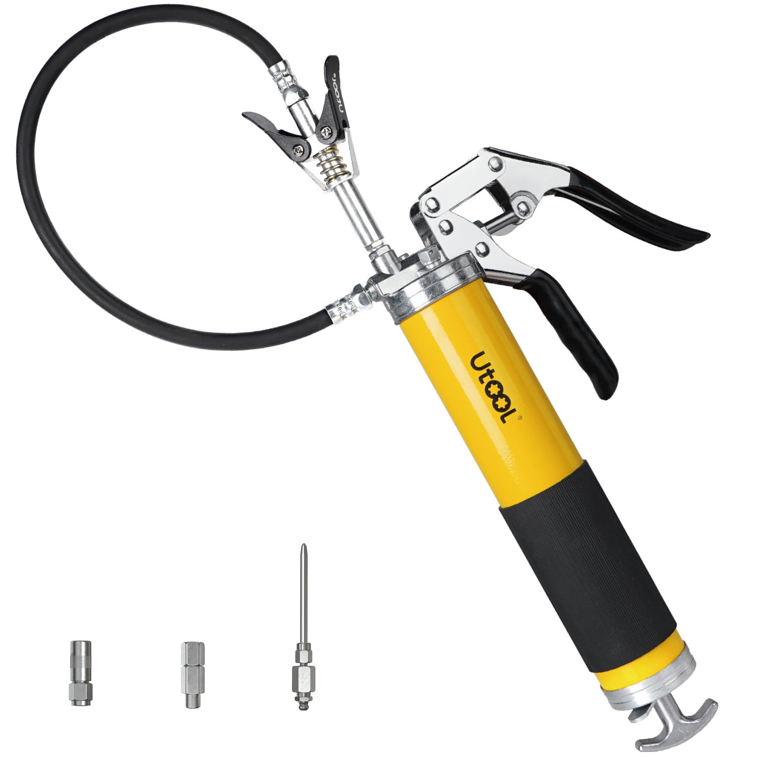 UTOOL Grease Gun, 8000 PSI Heavy Duty Pistol Grip Grease Gun Kit, 14 oz Load, 20 Inch Rubber Flex Hose, 1 Patented Double Handle Coupler, 1 Basic Coupler, 1 Needle Nozzle, 1 Hose Swivel, Yellow