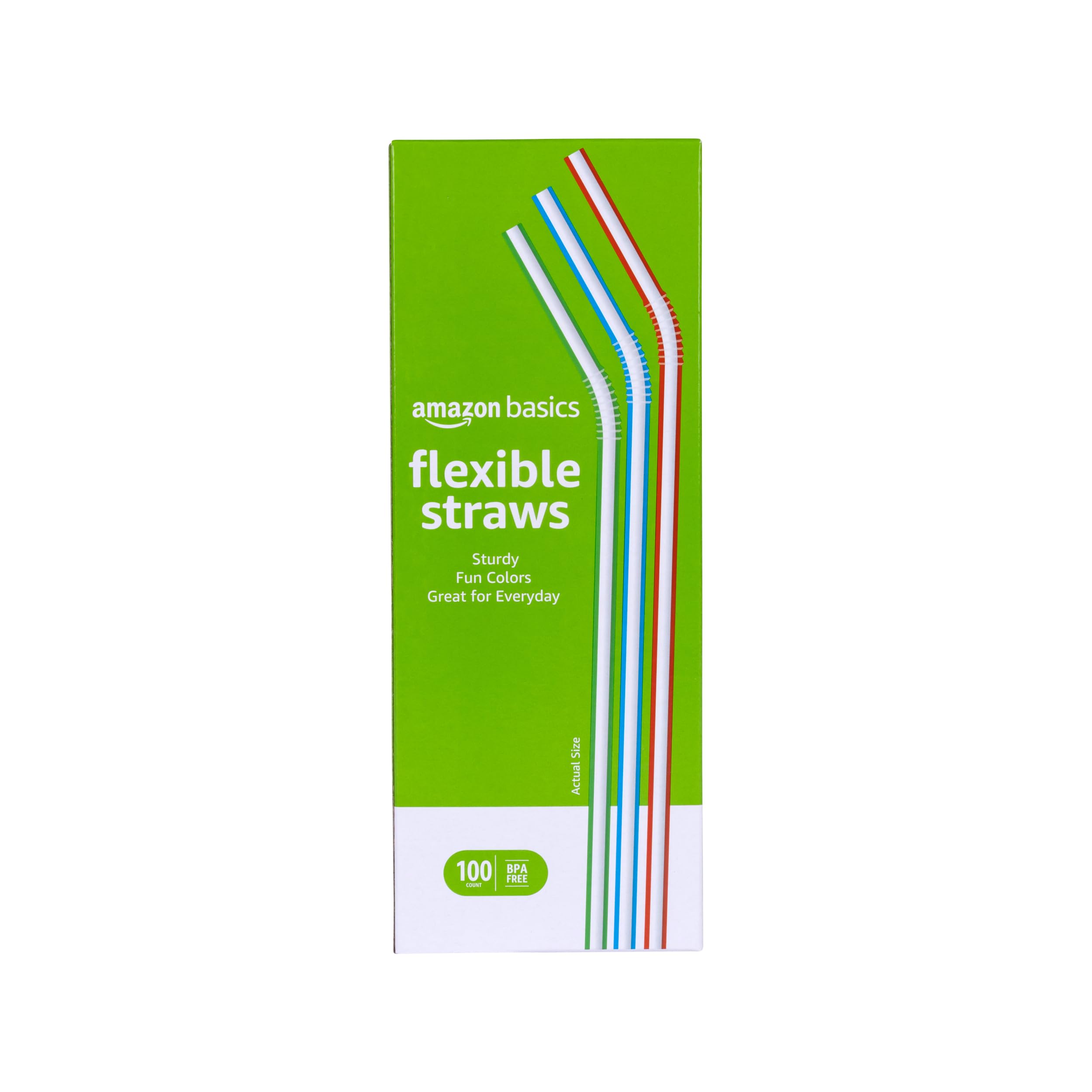 Amazon Basics Disposable Striped Plastic Flex Straws, Assorted Colors, 100 Count, Large Pack