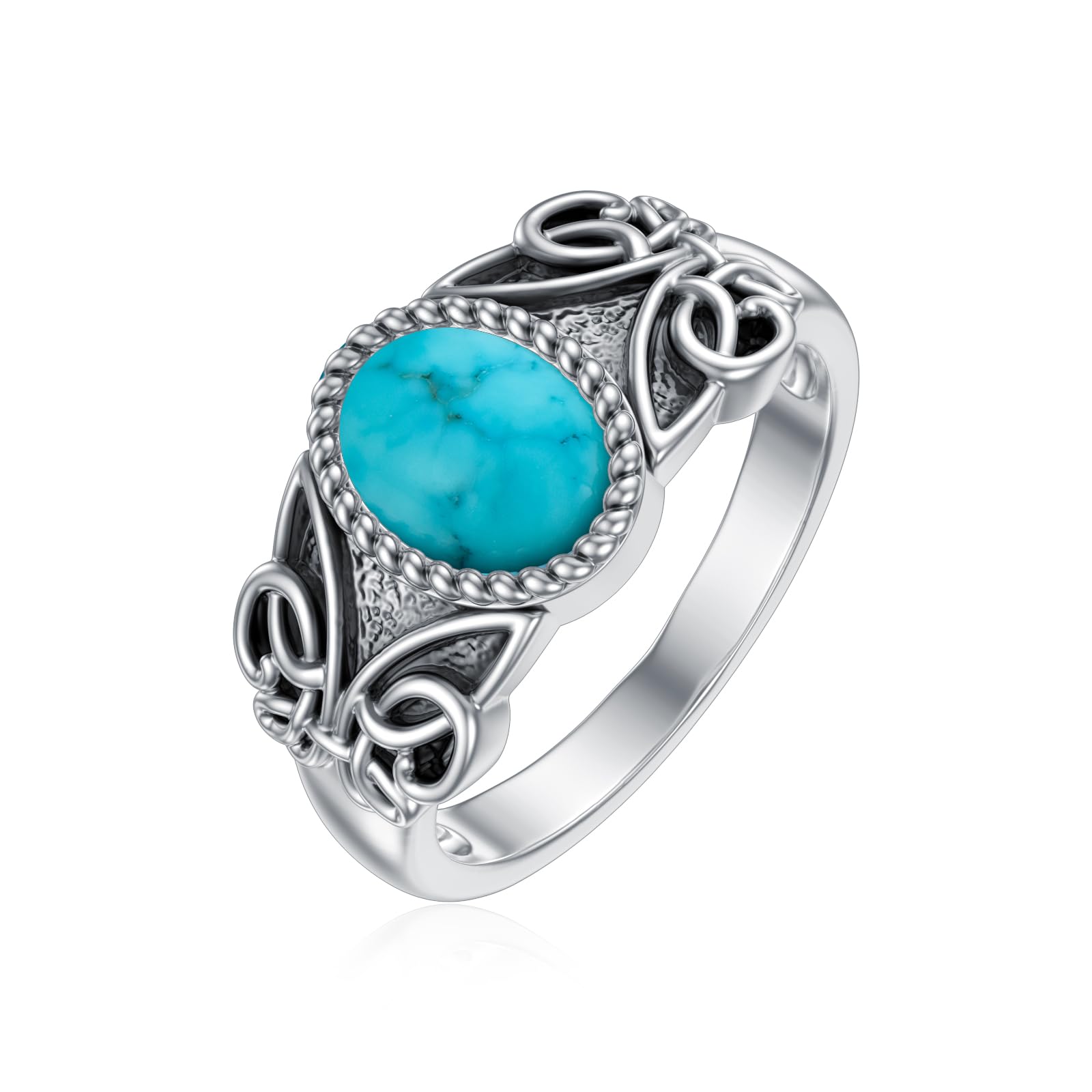 Reaii Turquoise Ring 925 Sterling Silver Ring Oval Cut Bohemia Natural Turquoise Stone Ring Vintage Jewelry for Birthday Mother's Day Christmas Size 6