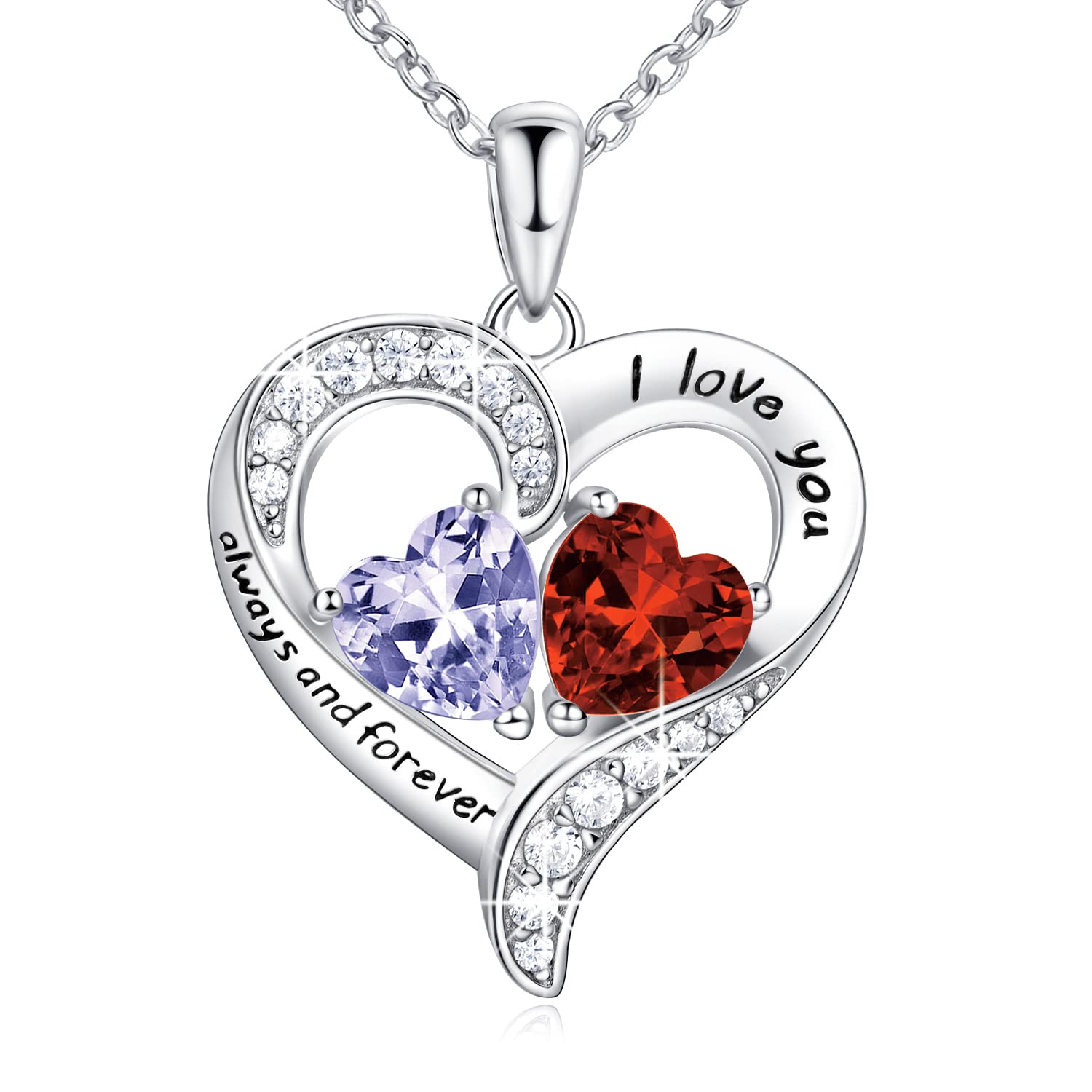 BlingGem Necklaces for Women Sterling Silver Personalized Heart Pendant Necklace with 2 Customized Birthstones 5A Cubic Zirconia I Love You Always and Forever Gift for Women Mom Wife