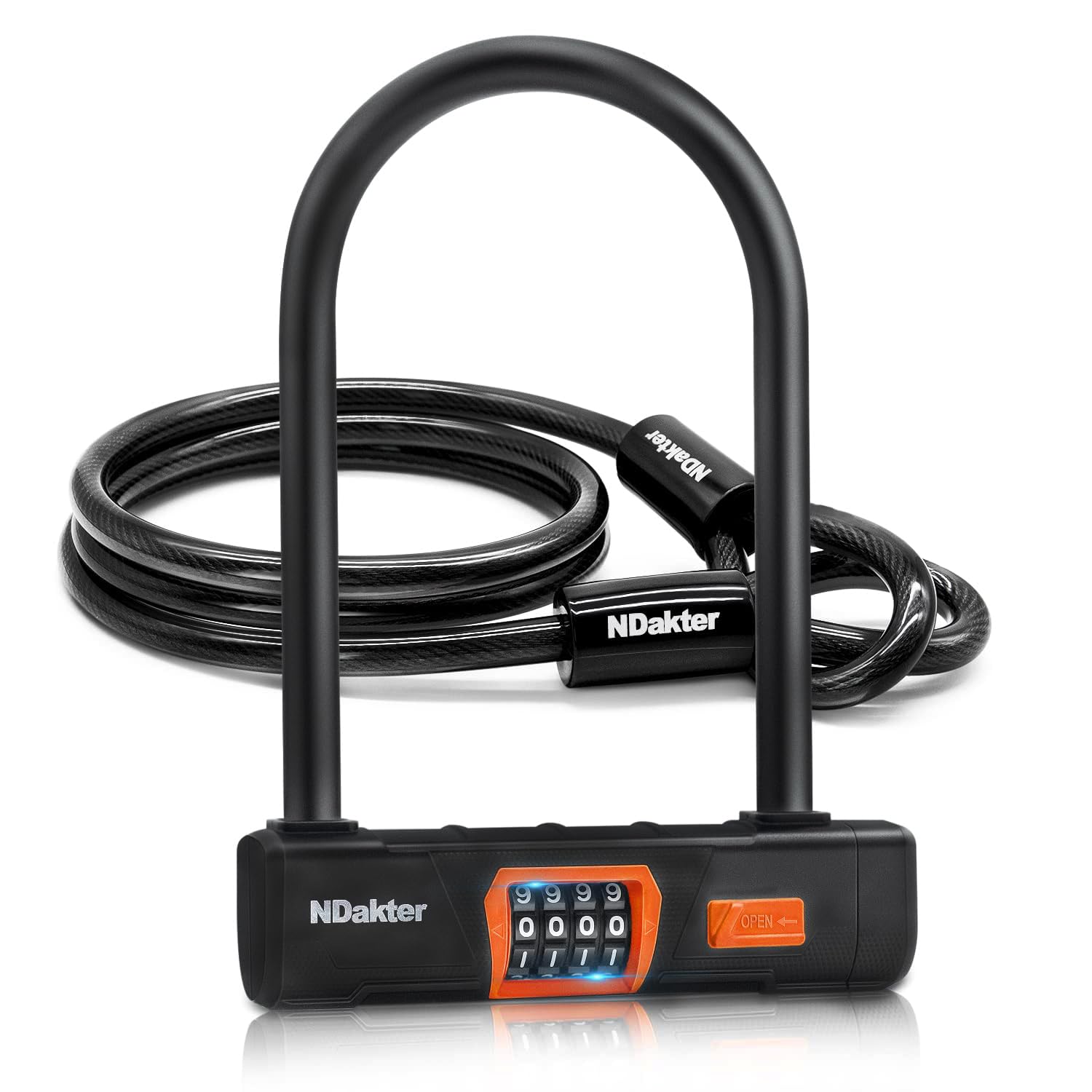 NDakter Bike Locks Heavy Duty Anti Theft, Combo Bike U Lock, 4-Digit Resettable Combination Bicycle Lock, Large U Shaped Ebike Lock with 5Ft Steel Cable for Electric Bike, Escooter, Motorcycle,Door