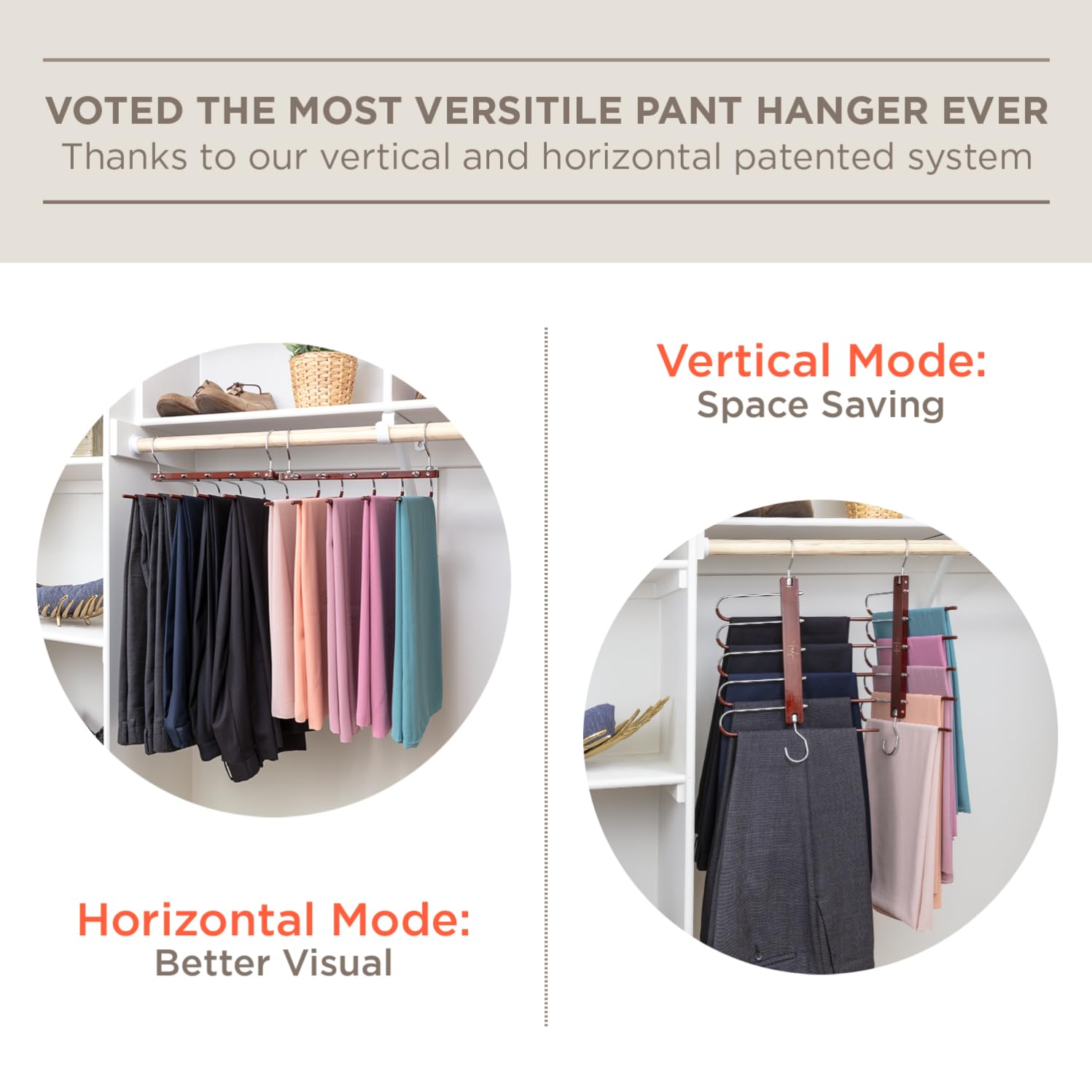 MORALVE Pants Hangers Space Saving - 2 Pack European Beechwood Scarf Hangers - Closet Organizer Jean Hangers - Scarf Holder Closet Space Saving Hangers - Pant Rack Leggings Hanger Space Saver