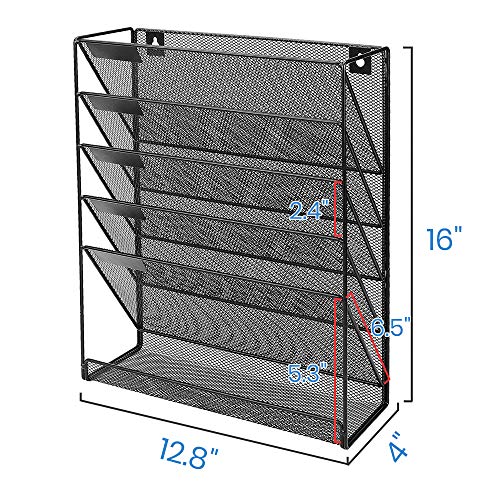 TreeLen Mesh Hanging Wall File Organizer 6 Tier Vertical Mount, Durable Wall File Holder with Bottom Flat Tray for Office Home, Black