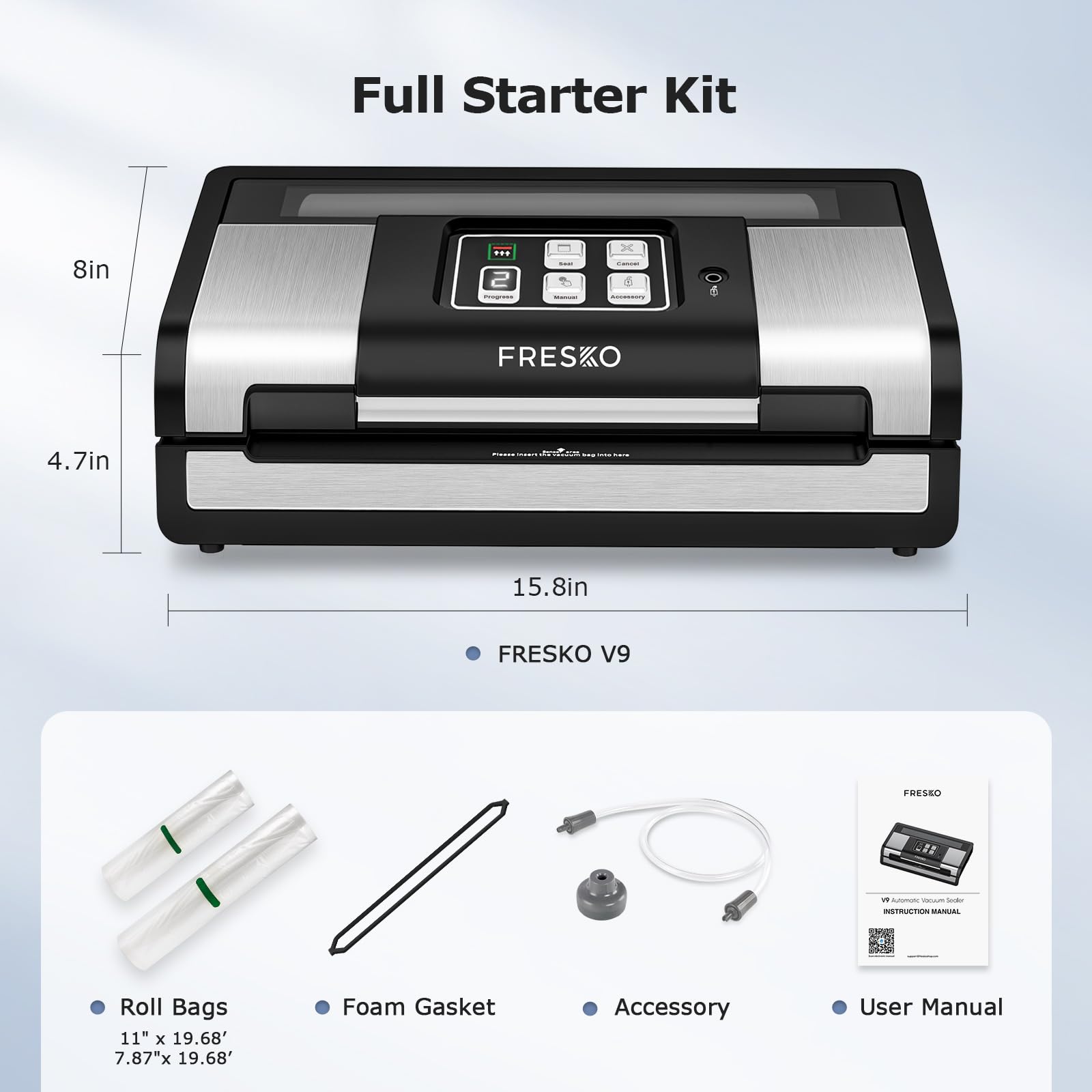 FRESKO Smart Vacuum Sealer Pro, Full Automatic Food Sealer Machine for Food Stoarge and Saver，Powerful Seal a Meal Sealer Machine with Auto Dry/Moist Detection, Roll Bag and Built-in Cutter