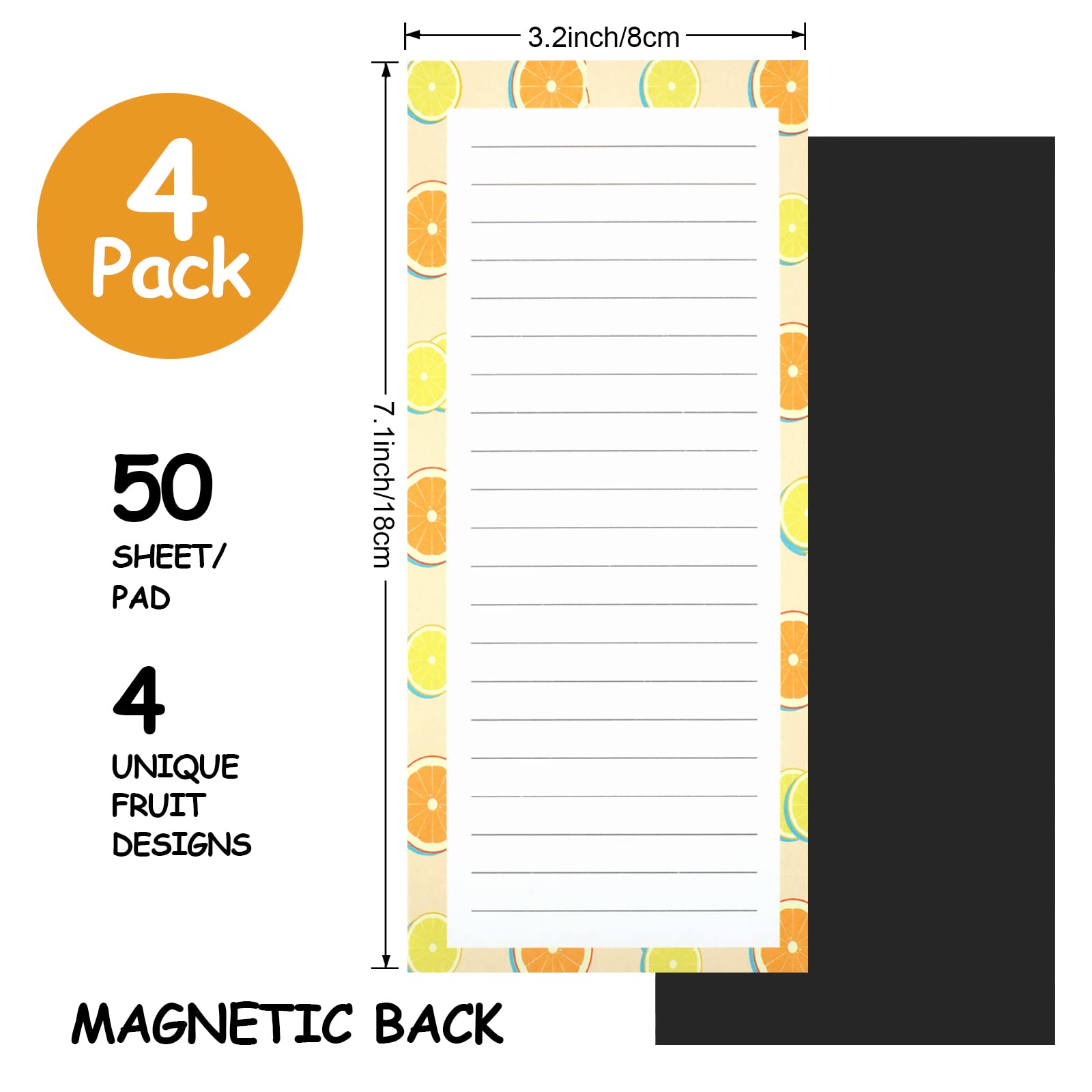 4 Pack Magnetic Notepads for Refrigerator, Grocery List Magnet Pad for Fridge, Fruit Design Magnetic Grocery List Pad for Fridge, Full Magnet Back Shopping Lists, 50 Sheets Per Note Pads