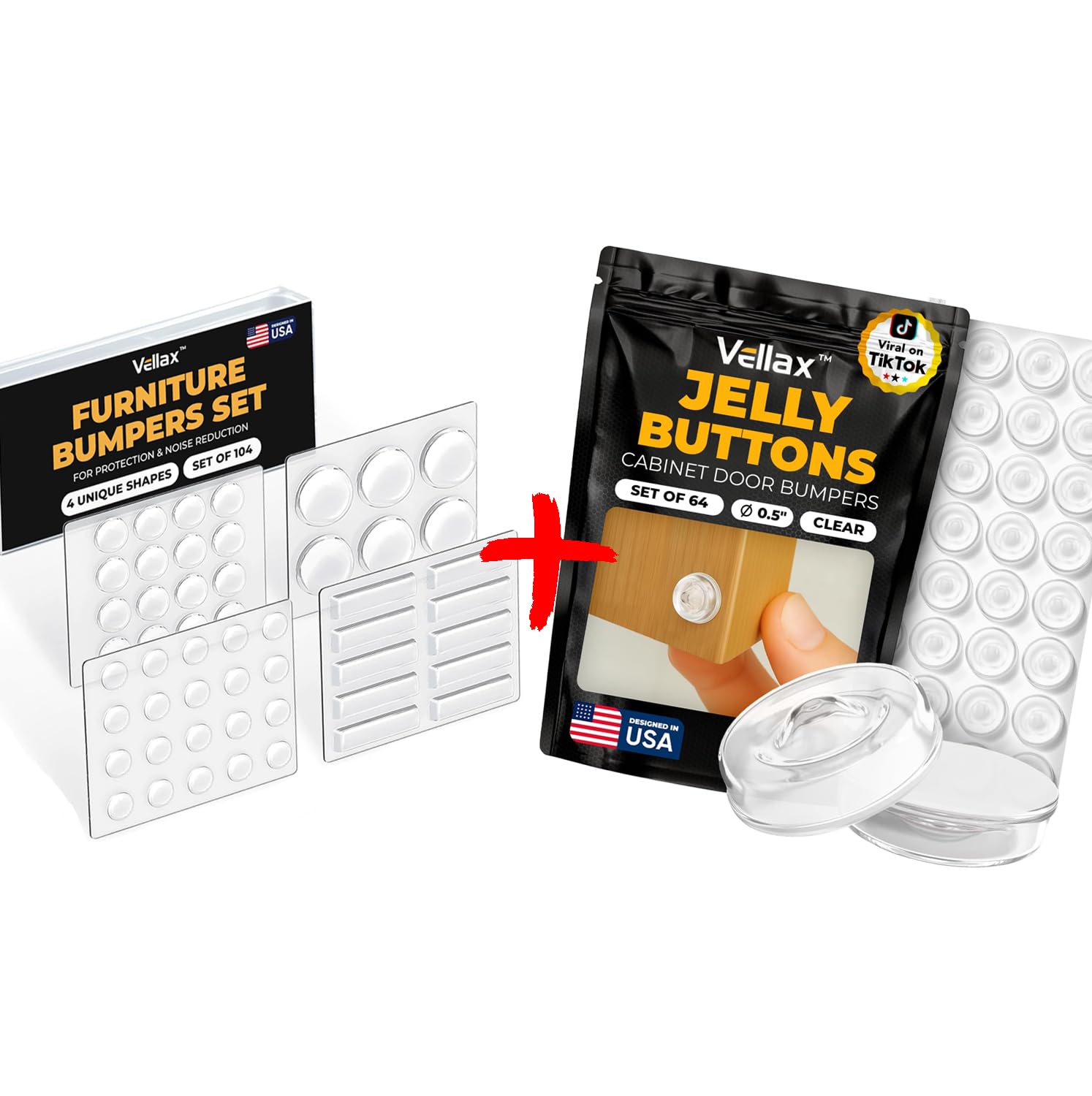 Vellax 64 Self Adhesive Cabinet Door Bumpers & 104 Clear Cabinet Bumper Pads - Self-Adhesive Silicone Buffer Set with 4 Shapes for Doors, Drawers & Furniture – Sound Dampening & Surface Protection