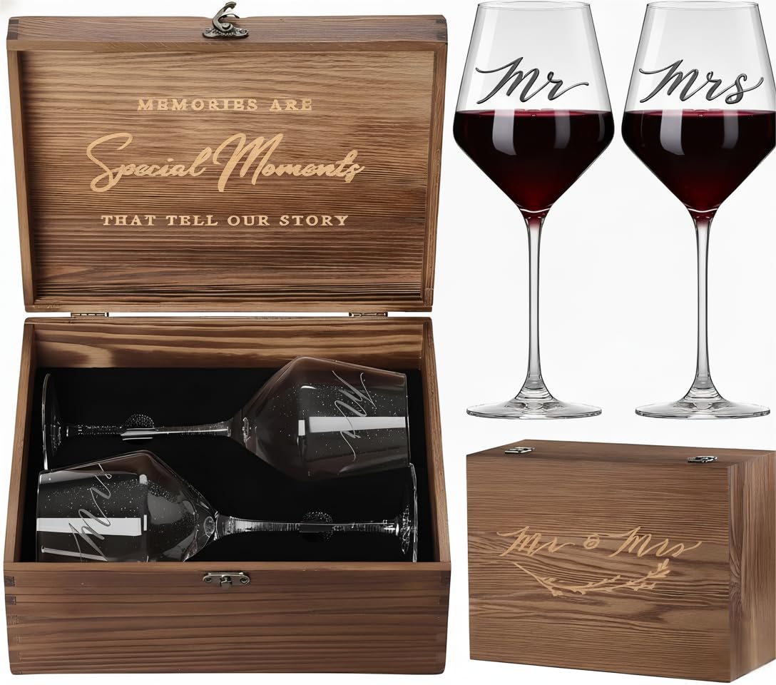 Mr Mrs Wine Glasses Gifts for Engagement/Bridal Shower/Wedding,Just Engaged Gifts for Coules/Women/Newlyweds,Bridal Shower Gift for Bride to be-Wedding Keepsake Wooden Box Set for Christmas Couples