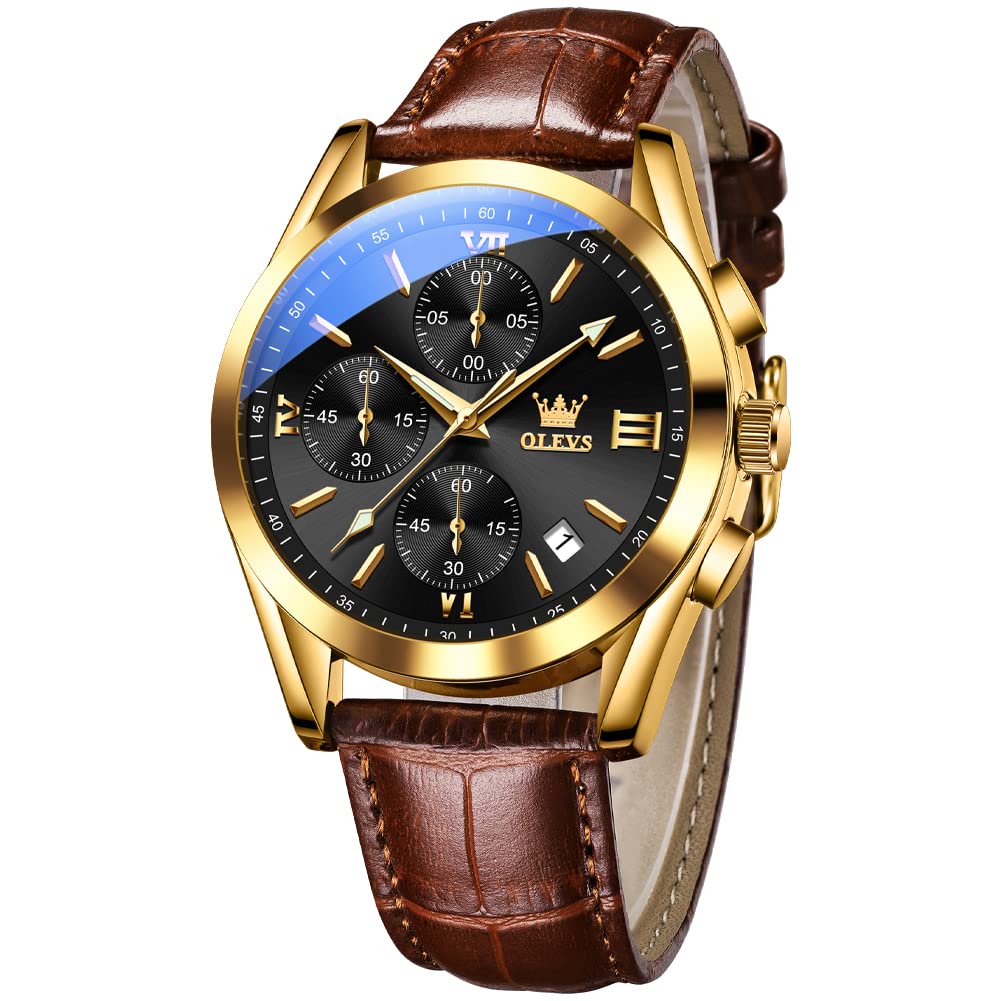 OLEVS Brown Mens Watches Gold Tone Steel Case Leather Band Watches Waterproof Analog Quartz Watches for Men Black Dial Date Calendar Sport Wristwatch with Battery