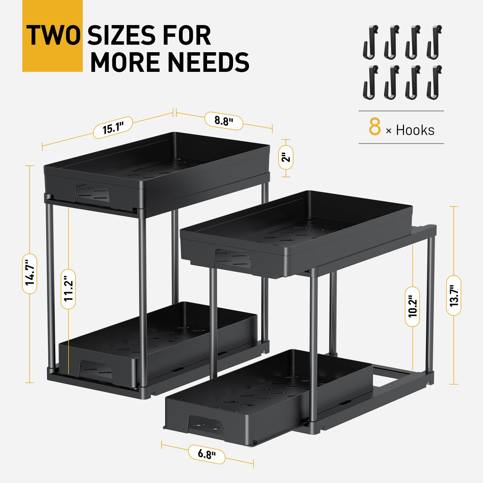 Delamu Under Sink Organizers and Storage, 2 Pack Pull Out Kitchen Bathroom Cabinet Organizer, 2 Tier Black Under Sink Storage for Bathroom Kitchen, Under Counter Storage Organizer with 8 Hooks