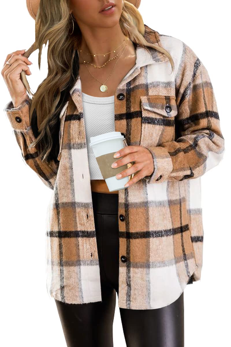 AUTOMET Womens Fall Outfits Fashion Clothes Shackets Flannel Plaid Button Down Long Sleeve Shirts Jackets Apricot M