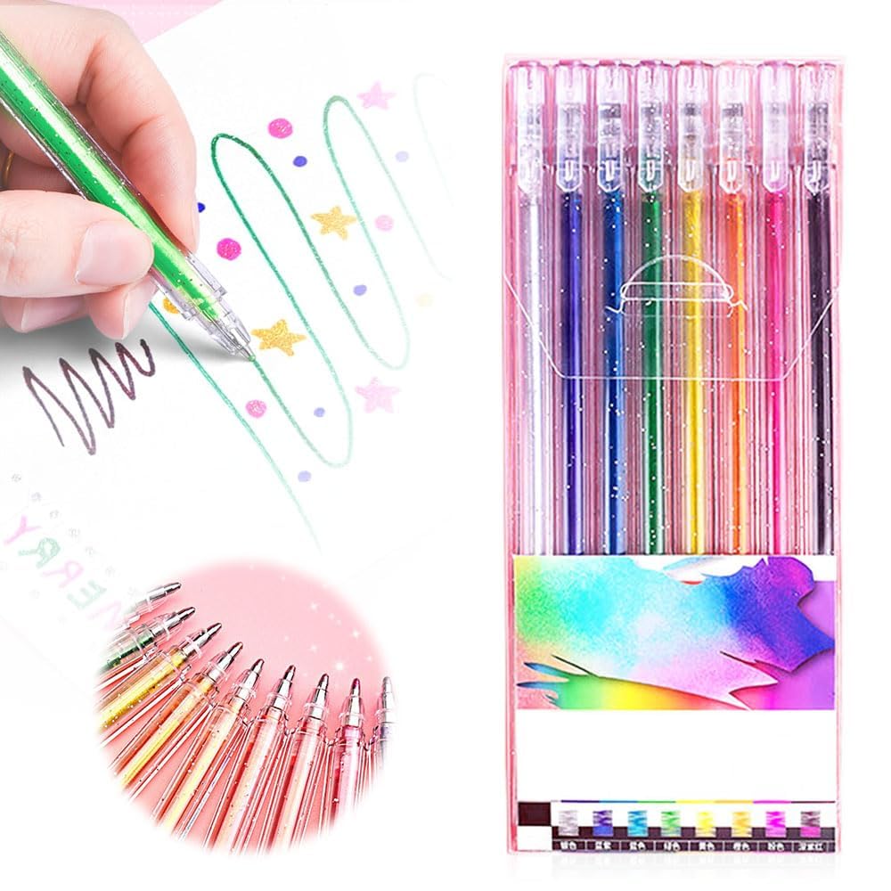 Glitter Gel Pen Set, MultiColour Gel Pens for Coloring, 1.0mm Metallic Vibrant Sparkle Colorful Pen, Glitter Highlighters Markers for Coloring Books, Drawing, Doodling, Back to School Gift (8 Pens)