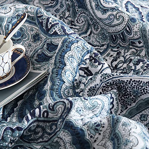 Autumn Dream Cotton Bedspread Quilt Sets, 3 Pieces Reversible Comforter Coverlet Sets,Blue Floral Paisley,Queen Size