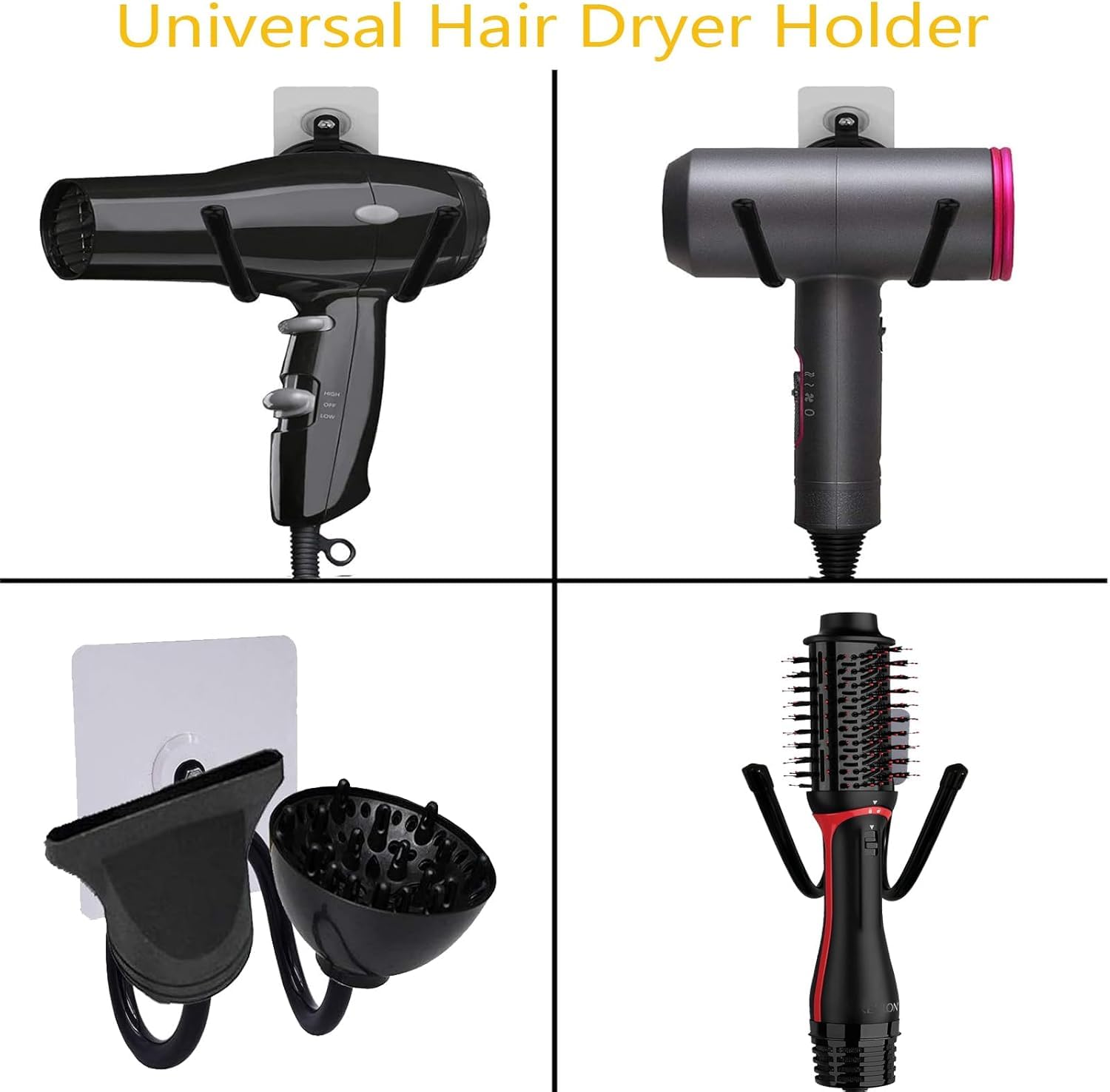 Universal Hair Dryer Holder Wall Mount, Blow Dryer Holder Rack, Hair Tool Organizer for Bathroom & Bedroom Hair Care & Styling Tools Storage and Organizer - Adhesive/Drilling Installation
