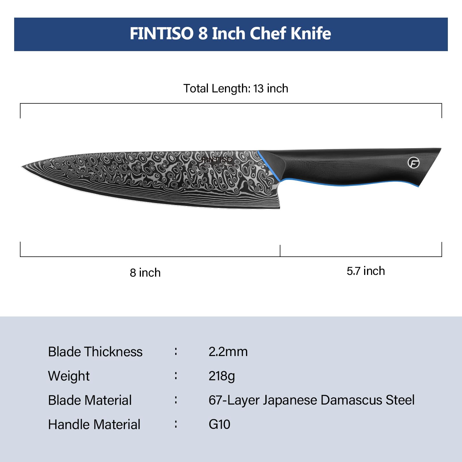 FINTISO Chef Knife 8 inch, 67-Layer Japanese Damascus Steel Kitchen Knife, Sharp Knife with G10 Handle, Professional Cooking Knife for Home and Kitchen