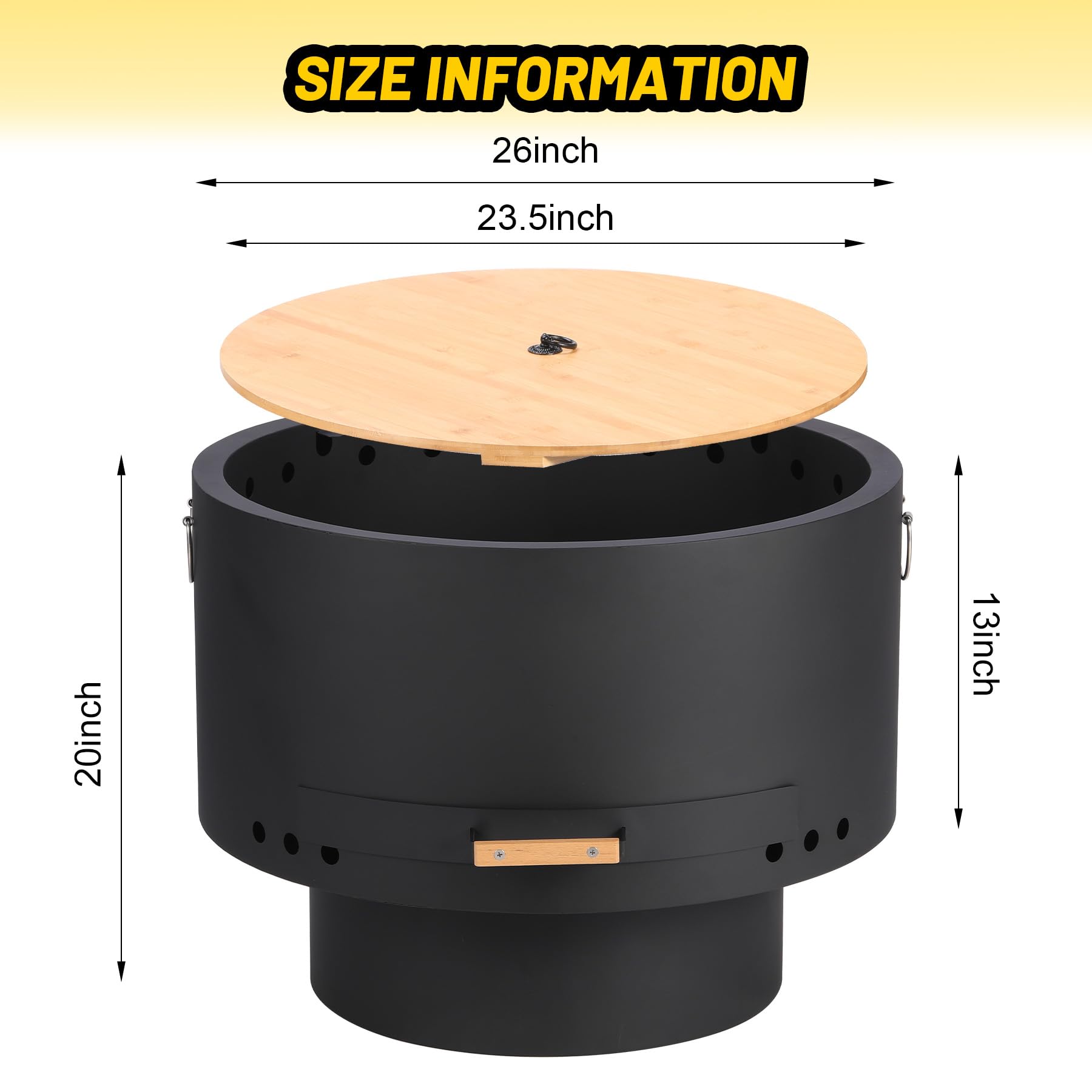 GarveeLife 26 in Smokeless Fire Pit with Removable Ash Pan, Wood Burning Firepit Table with Lid&Fire Poker,Smokeless Outdoor Fireplace with Dust Bag, Outdoor Fire Pits for BBQ, Table, Bonfire, Camping