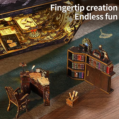 CRIOLPO Book Nook Kit - DIY Dollhouse Booknook, Book Nook Miniature Kit for Bookshelf Insert Decor Crafts for Adults Teen Halloween, 3D Wooden Puzzle Bookends with Sensor Led Light
