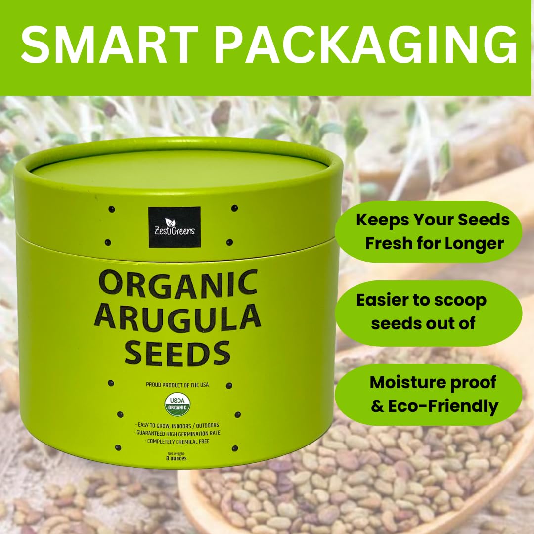 Arugula Seeds for Microgreens – 8 oz. | Non-GMO, Heirloom, Chemical-Free, USA-Grown | Fresh, Flavorful & Easy to Grow | Packaged in Food-Grade Container with Lid for Freshness & Easy Scooping