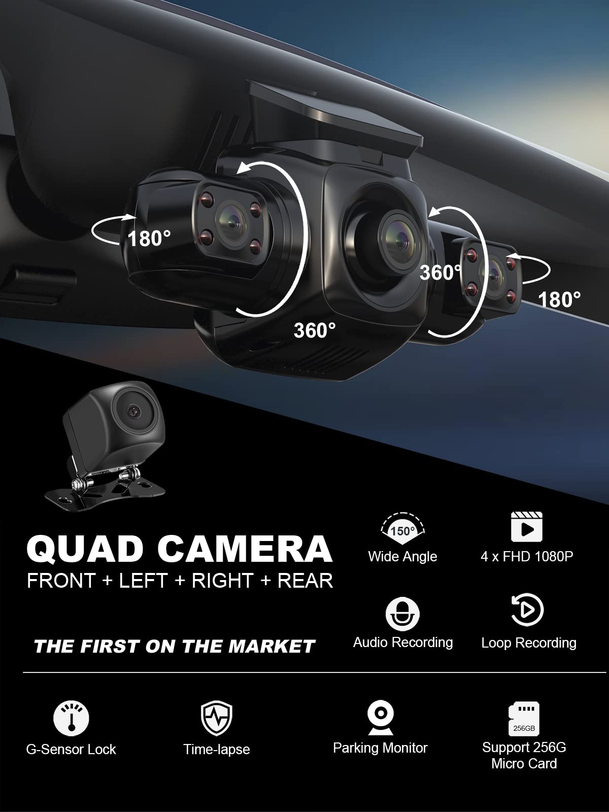 4 Channel Dash Cam Front and Rear Inside Left Right FHD 1080P Dash Camera for Cars, 360 View Parking Monitoring Mode, Built-in WiFi, Free 64GB Card