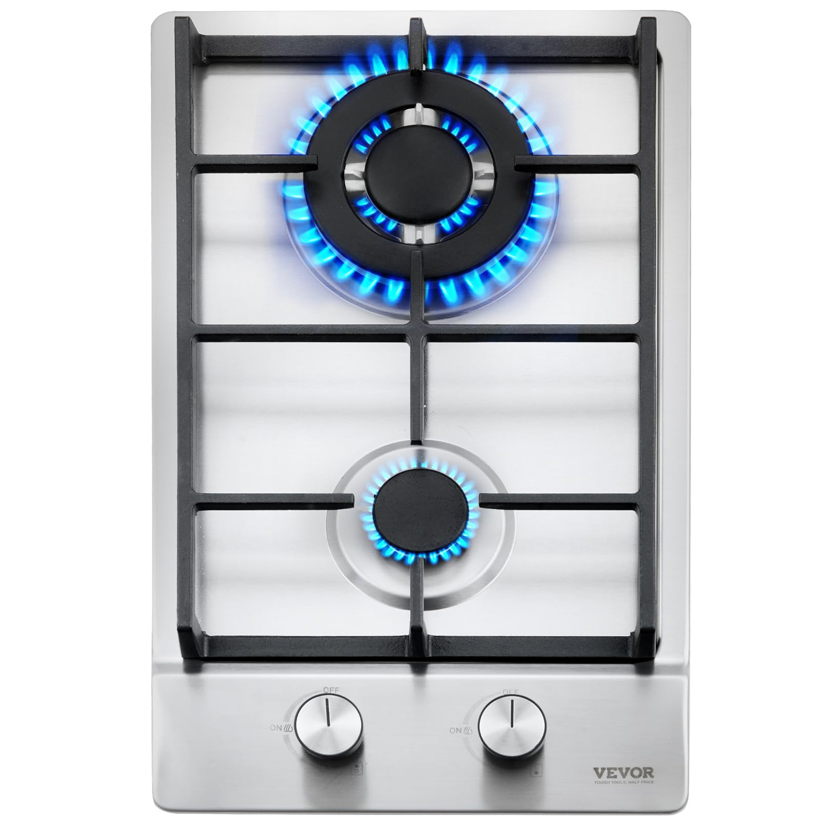 VEVOR 12 inch 2 Burners Cooktop Max 12250BTU Built-in Stainless Steel Stove Top LPG/NG Convertible Dual Fuel Natural Gas Hob with Thermocouple Protection for Outdoor, Kitchen, Camping, RV