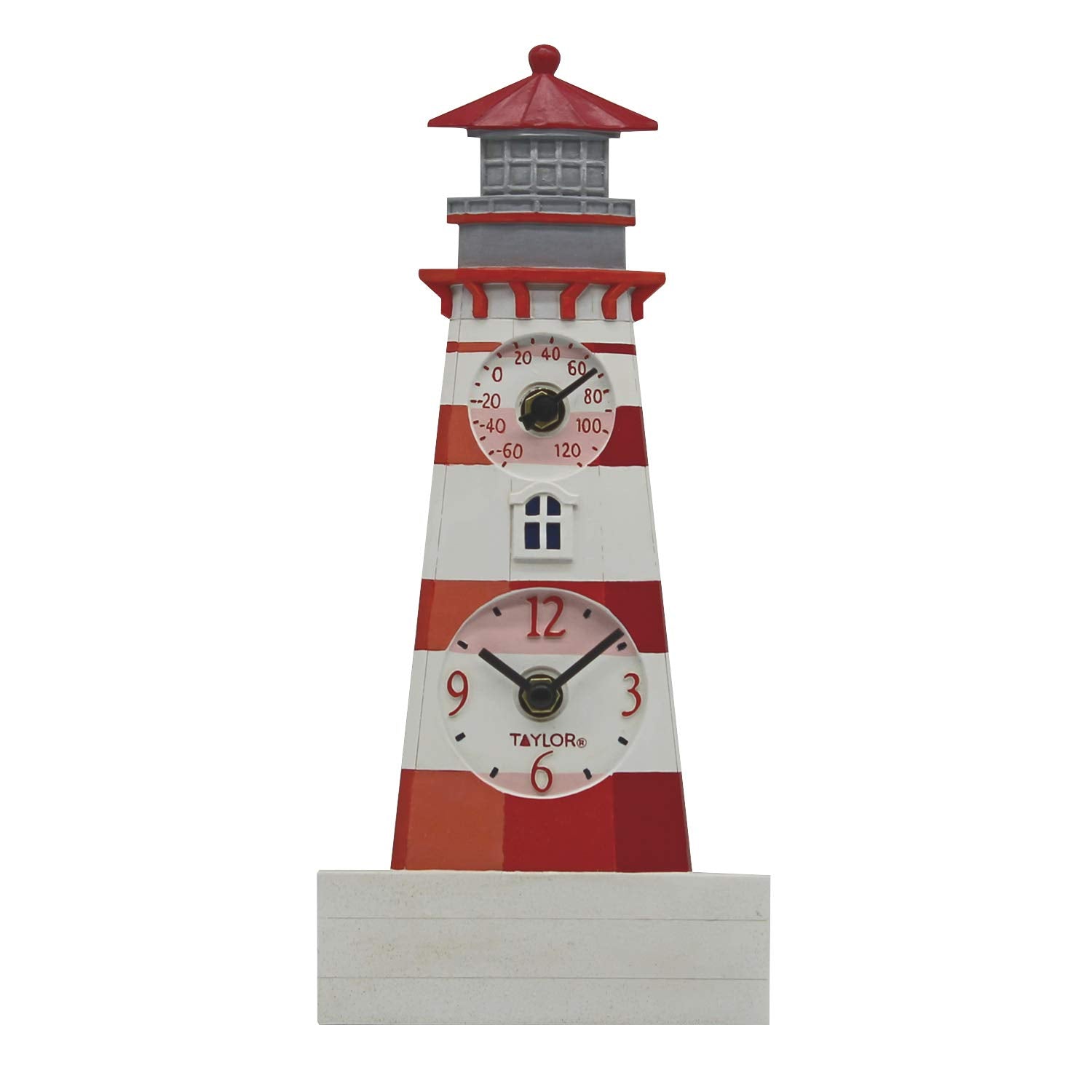 Taylor 12" Poly Resin Lighthouse Clock with Thermometer, Multicolored