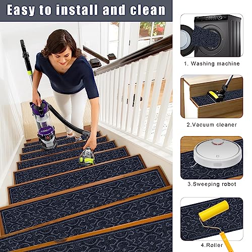 15Pcs Stair Treads for Wooden Steps Indoor with Self Adhesive, 8"x30" Non Slip Stair Runners-Peel & Stick Indoor Stair Carpet Runner, Resistant Indoor Runner for Kids、Elders and Pets, Brown