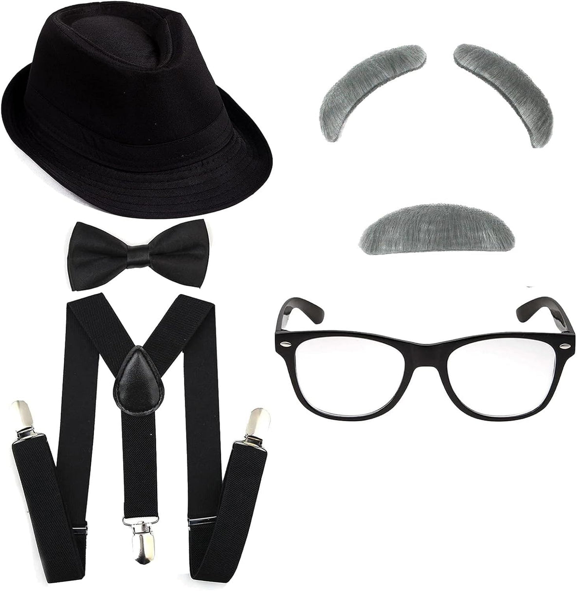 Kakaxi 1920's Boys 100 Days of School Grandpa Costume Set - Gangster Fedora Hat, Old Man Eyebrows & Moustache for Kids & Child Halloween