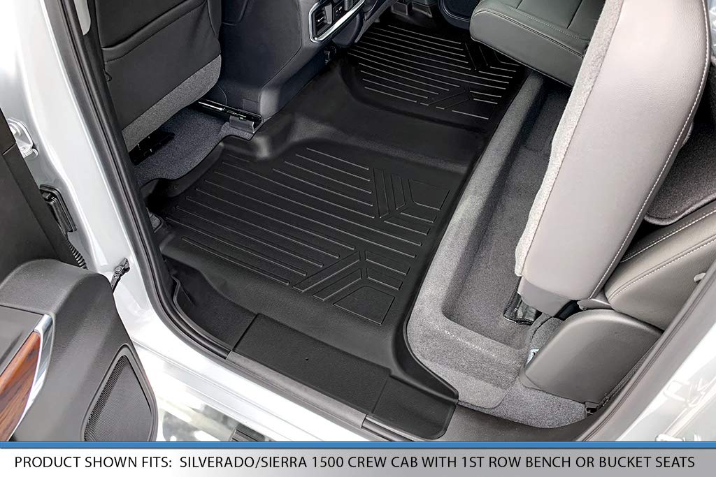 SMARTLINER Floor Mats 2 Row Liner Set Black Compatible with 2019-2022 Silverado/Sierra 1500 2020-2022 2500/3500 Crew Cab with 1st Row Bench Seat