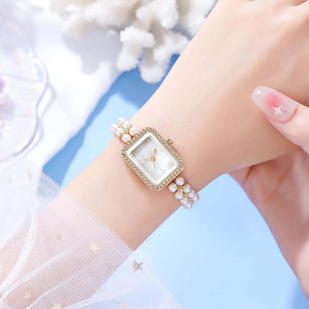 BESTKANG Elegant Pearl Watches for Women Small Square Dial Analog Quartz Watch Pearl Strap Diamonds Bracelet Dress Women's Watch (Gold White)