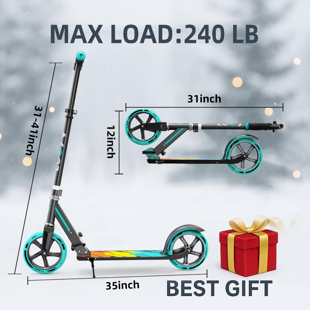 Scooter for Kids 6–12 & Adults, Max Load 240 LBS, Adjustable Height,Lightweight 2-Wheel, Foldable Kids Scooter with Big Wheels
