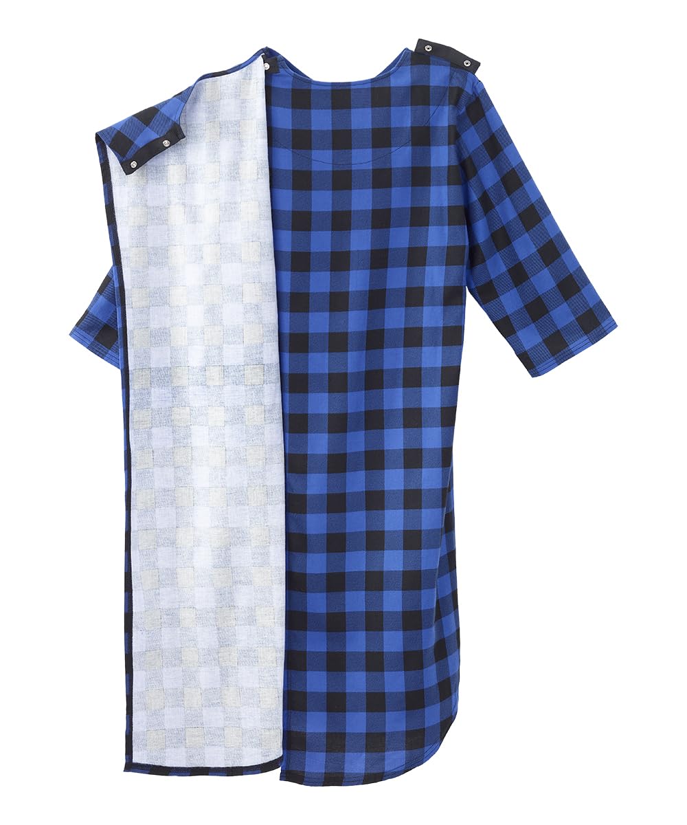 Men’s Open Back Adaptive Flannel Nightgown for Seniors - Back Snap Nightgowns With Dome Closure - Blue Buffalo MED
