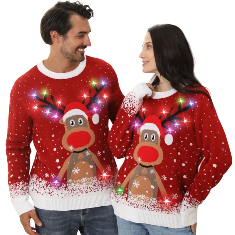 Ugly Christmas Sweaters for Women 2024 Men Light Up Christmas Sweater,Funny Reindeer Unisex Red Xmas Ugly Sweater for Couples