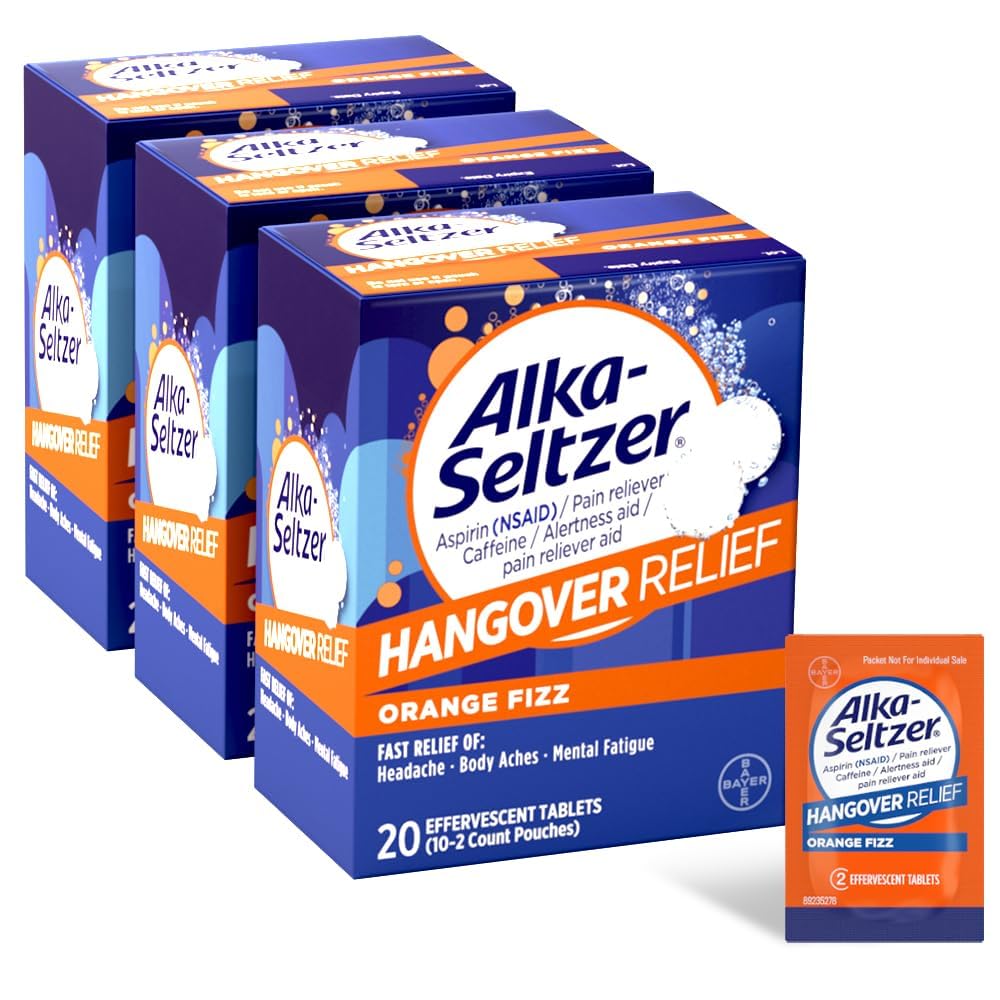 Alka-Seltzer Hangover Relief Tablets, Fast Relief Starts In About 15 Minutes for Headaches, Body Aches & Mental Fatigue, Bachelorette & Bachelor Party Packs 60 Count (3 Boxes, 20 Tablets Each)