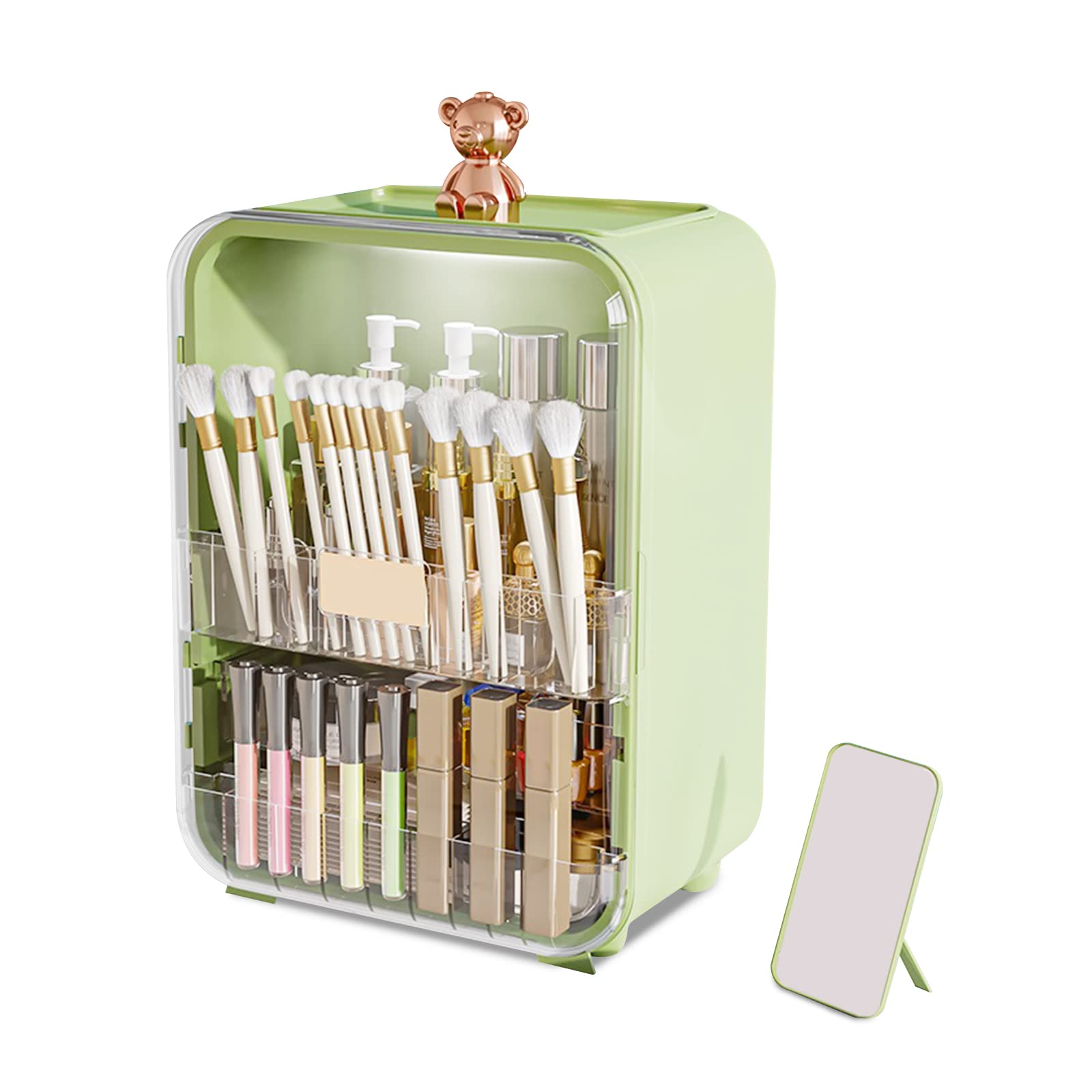 Ergocar Portable Pink Bear Series Multi-Function Make Up Case Dustproof Cosmetic Storage Box, Cosmetics Skin Care Products Jewelry Organizer Case Lipstick Box With LED Light - Green