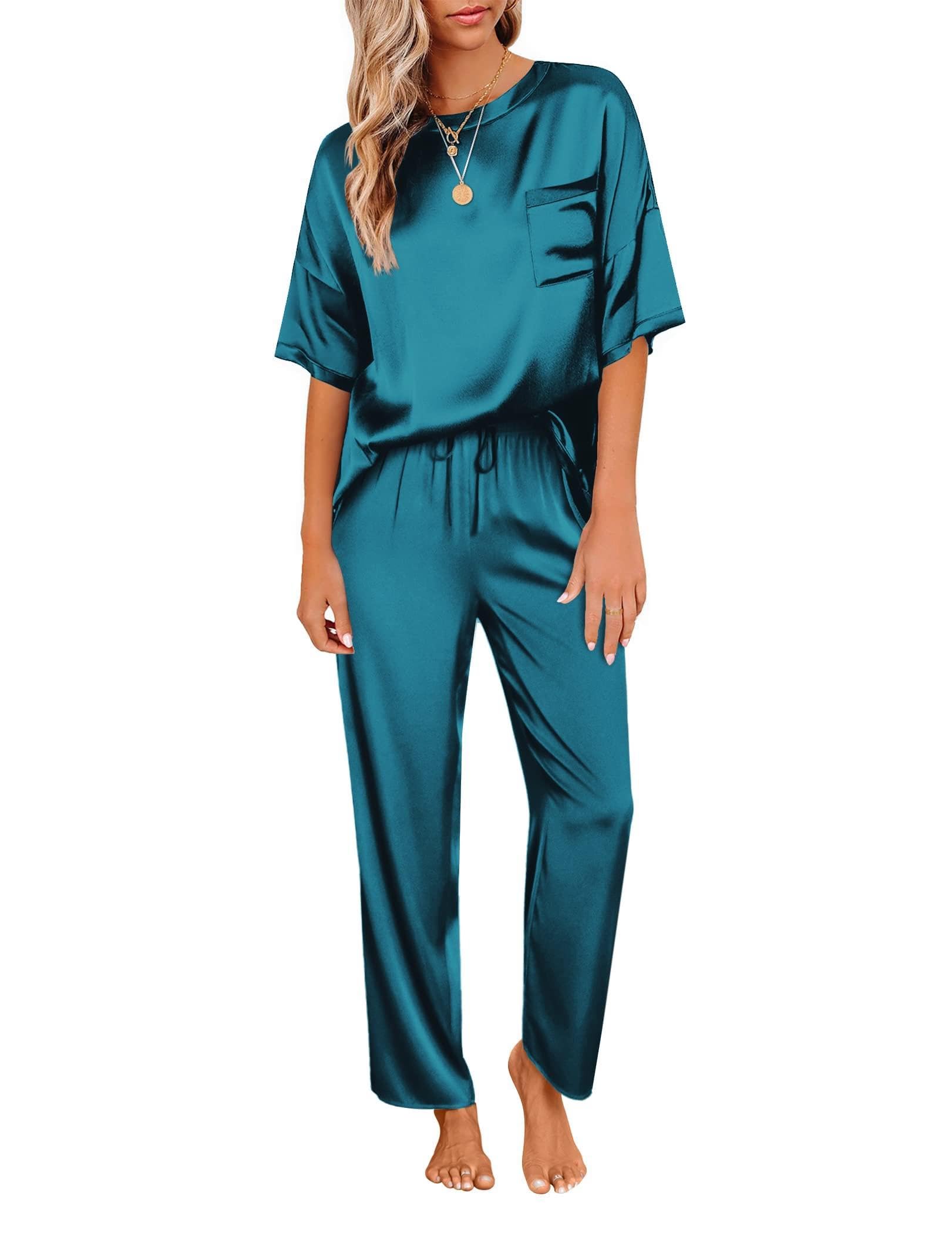 Ekouaer Womens Silk Satin Pajamas Set Two Piece Pj Sets Sleepwear Loungewear Short Sleeve Pj Sets Green