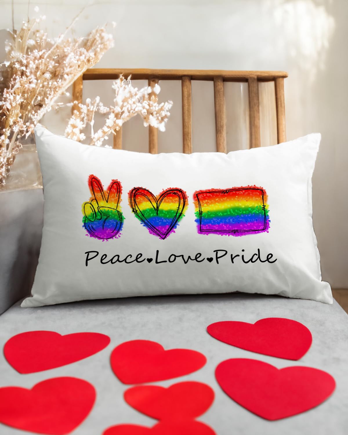 Valentine's Day Rainbow Pride Pillow Cover 12x20 Inch - Peace Sign, Heart, and Flag Design - Inclusive Love Celebration Cushion Case for Sofa and Couch Decor