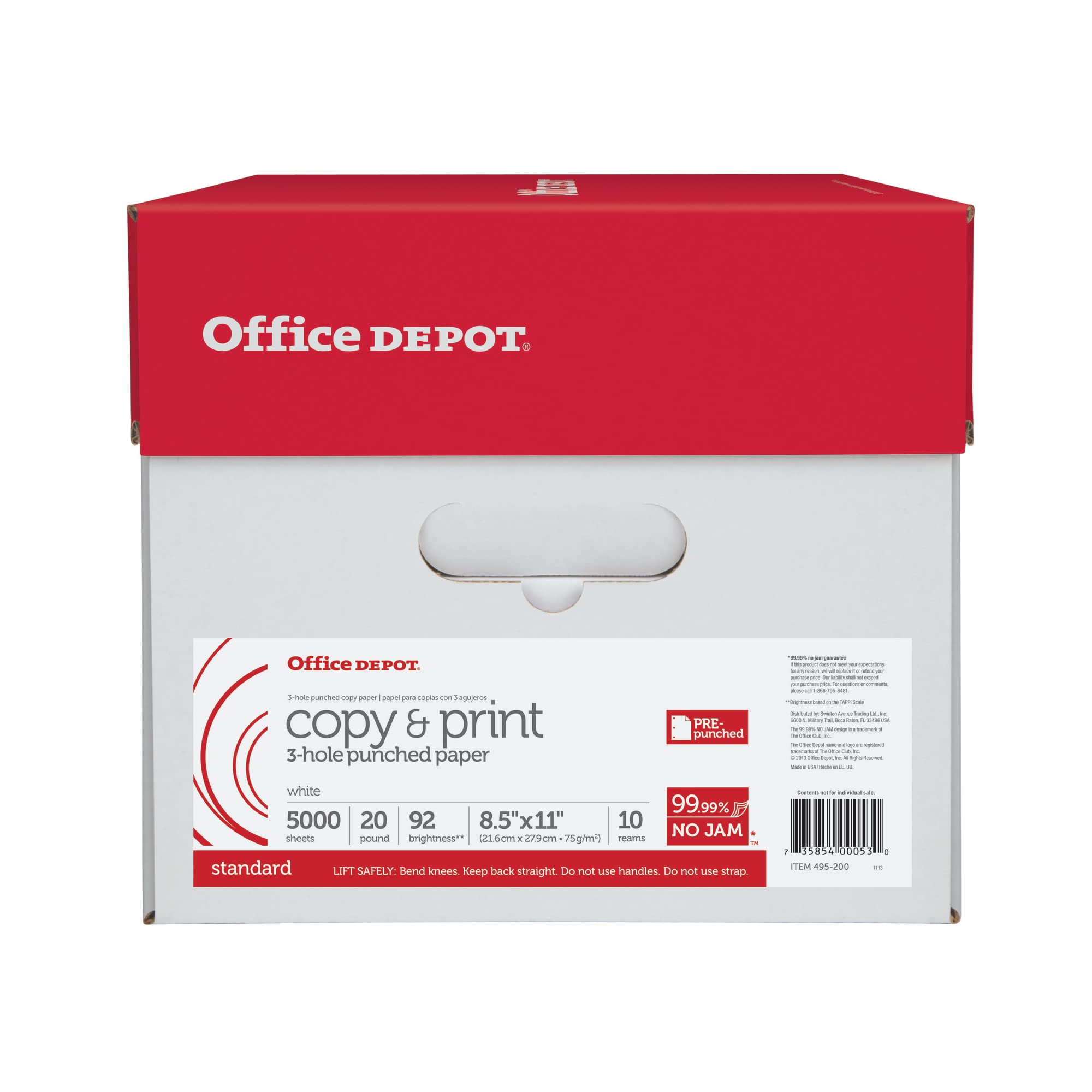 Office Depot® 3-Hole Punched Multi-Use Printer & Copy Paper, 10 Reams, White, Letter (8.5" x 11"), 5000 Sheets Per Case,