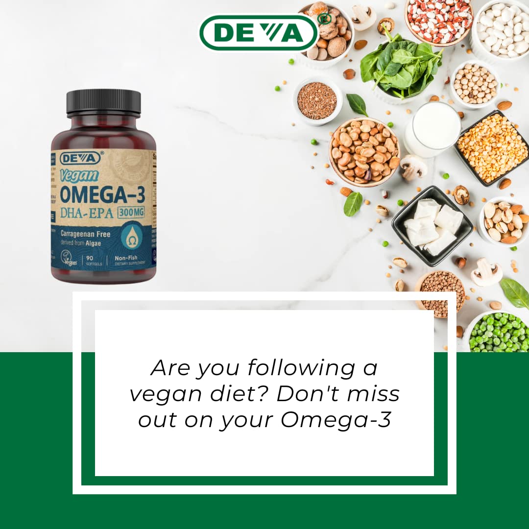 DEVA Vegan Omega-3 DHA EPA Supplement Once-Per-Day Softgel 300 MG - Carrageenan Gelatin & Gluten Free - Non-Fish Algae Oil Fatty Acids - 90 Softgels